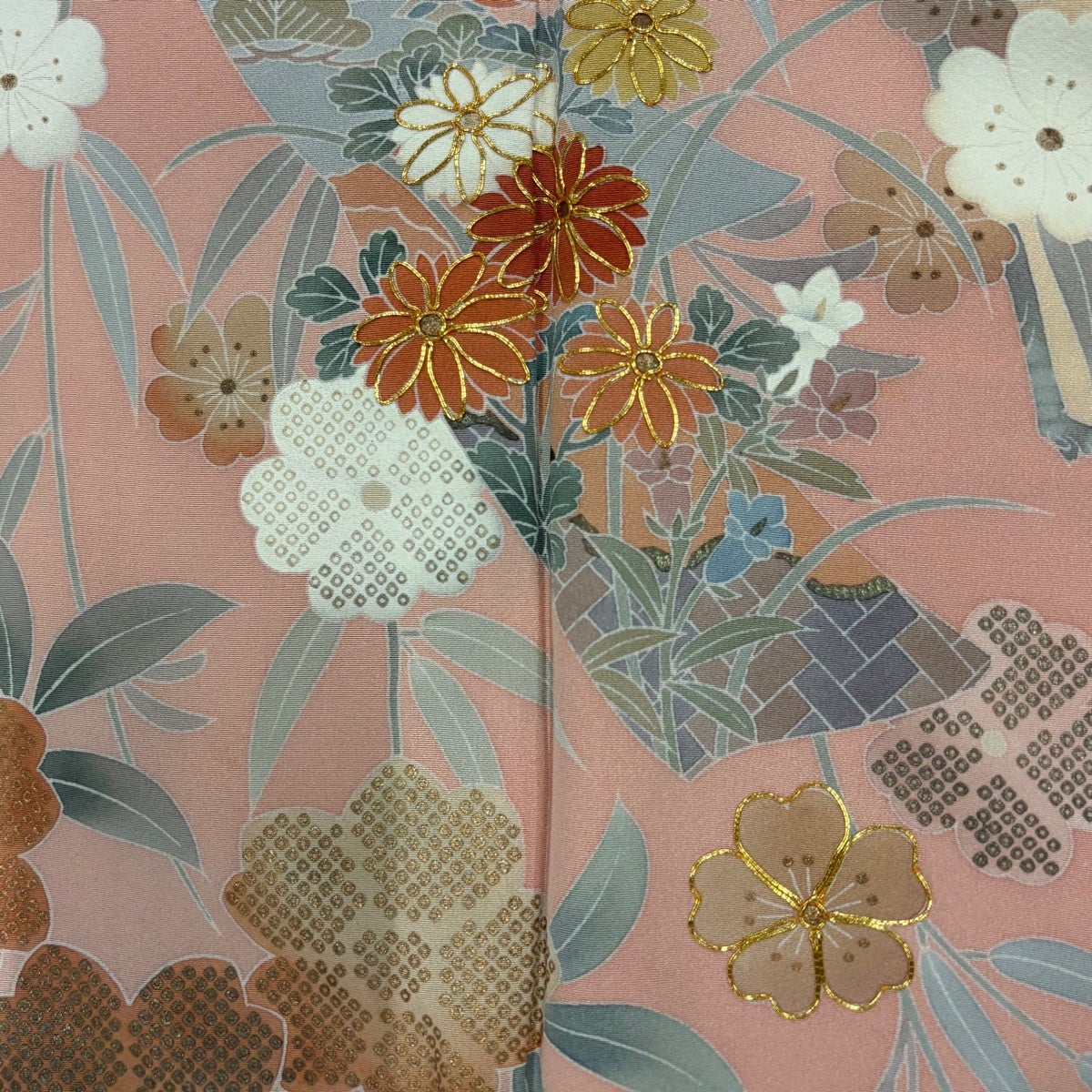 訪問着 身丈150.5cm 裄丈61cm S 袷 落款あり 桜 短冊 金糸 金彩 ピンク