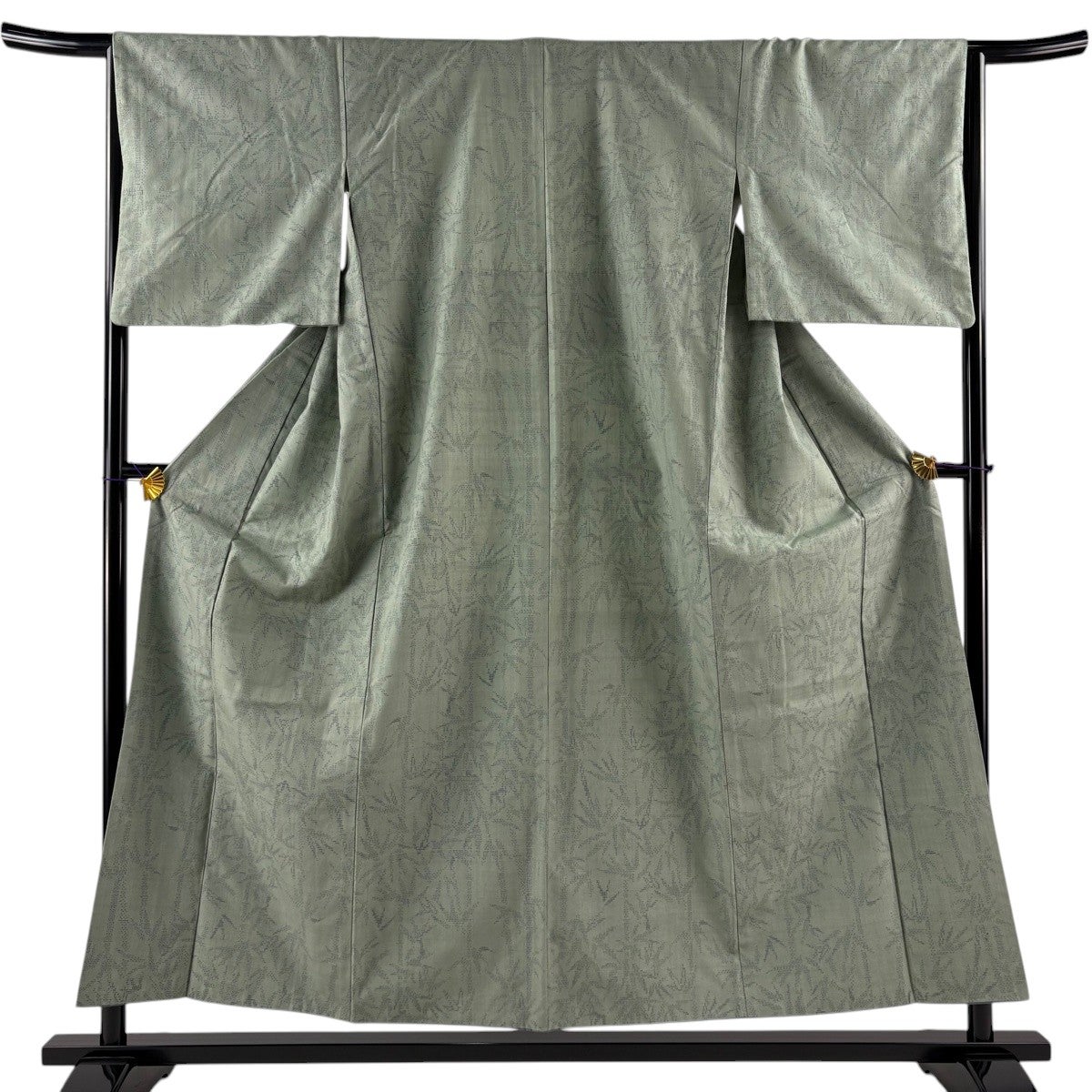 美品】 紬 身丈154cm 裄丈66cm M 袷 竹 亀甲絣 灰緑 正絹 秀品｜中古