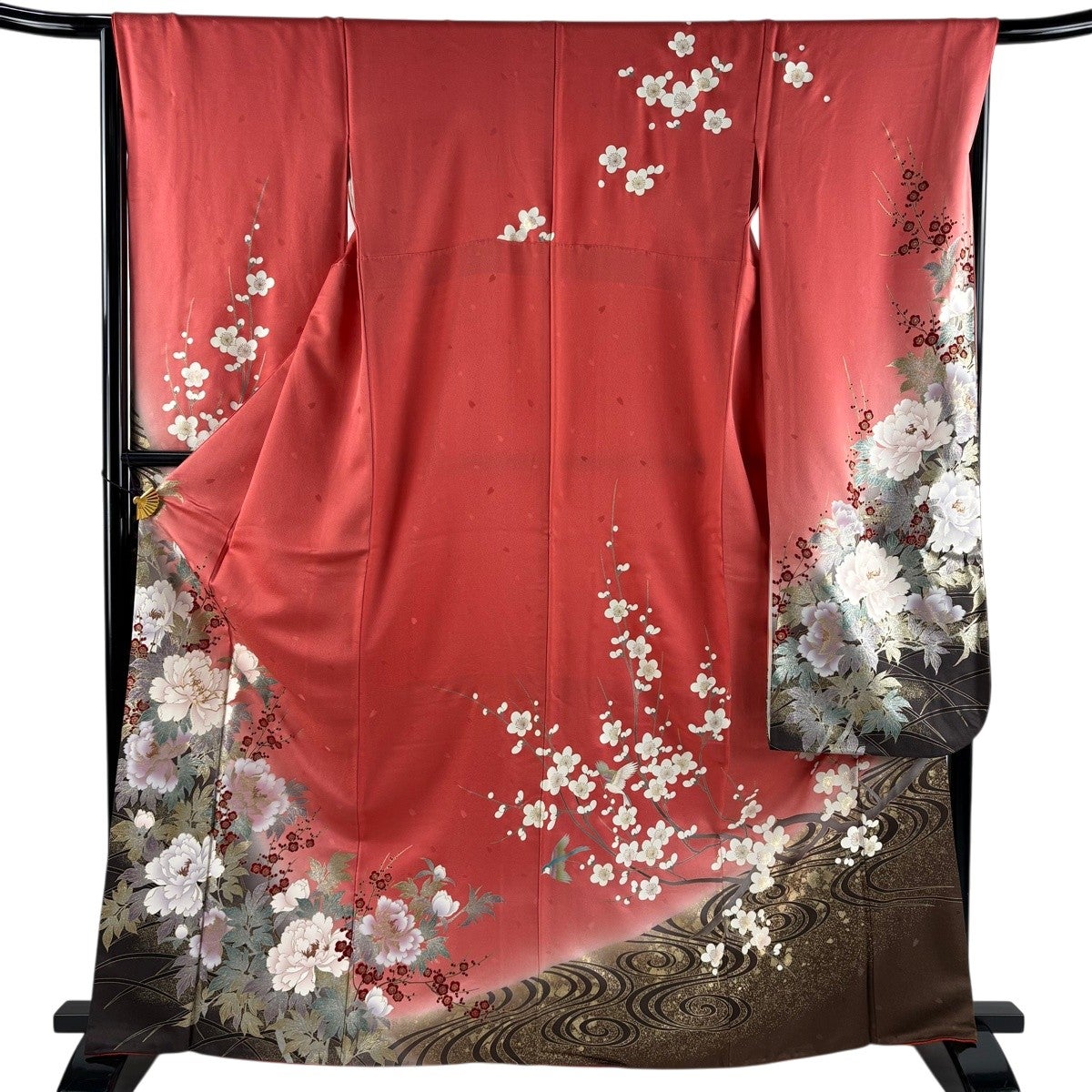 50%OFF 振袖 身丈169cm 裄丈66cm M 袷 牡丹 枝梅 金彩 朱色 正絹 秀品