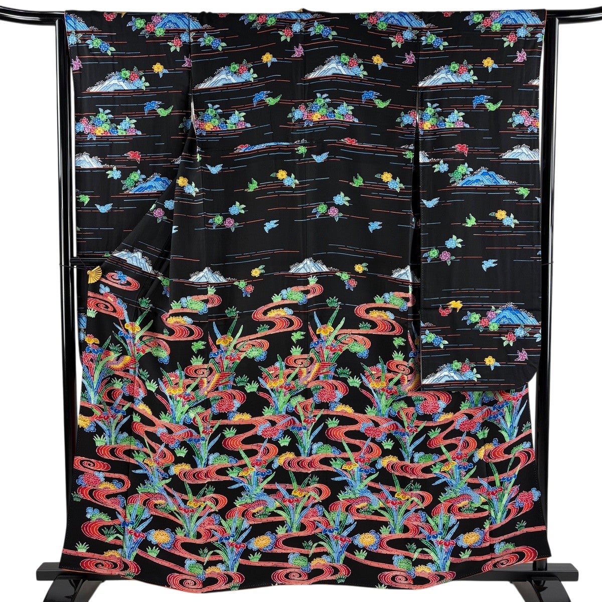 振袖 身丈159cm 裄丈64cm M 袷 菖蒲 流水 黒 正絹 秀品｜中古・古着