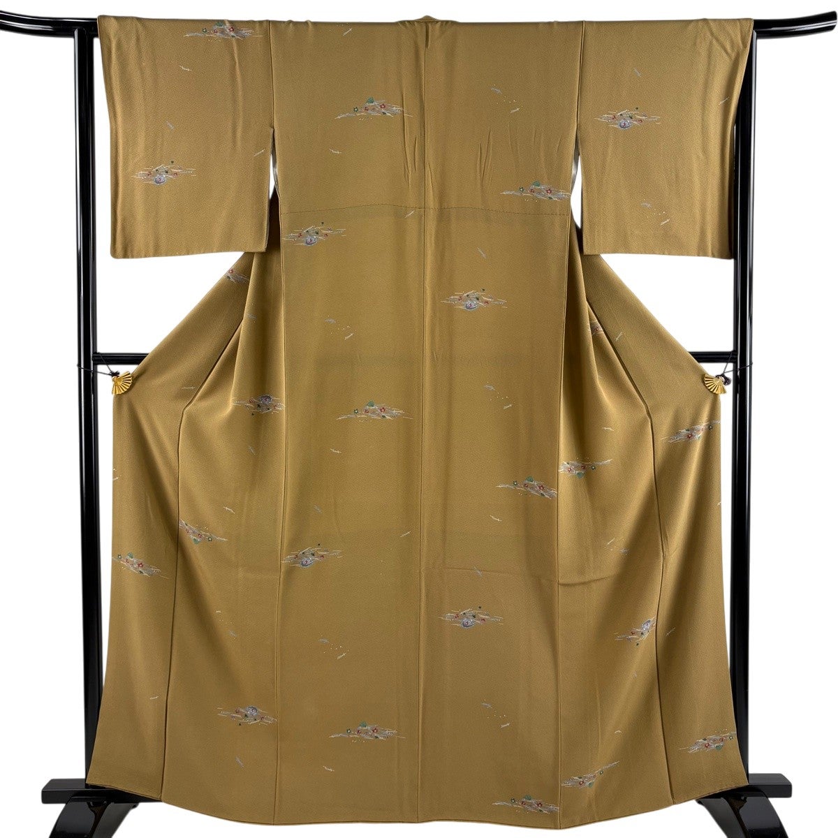 小紋 身丈162.5cm 裄丈63.5cm S 袷 吹き寄せ 熊手 山吹茶色 正絹 秀品