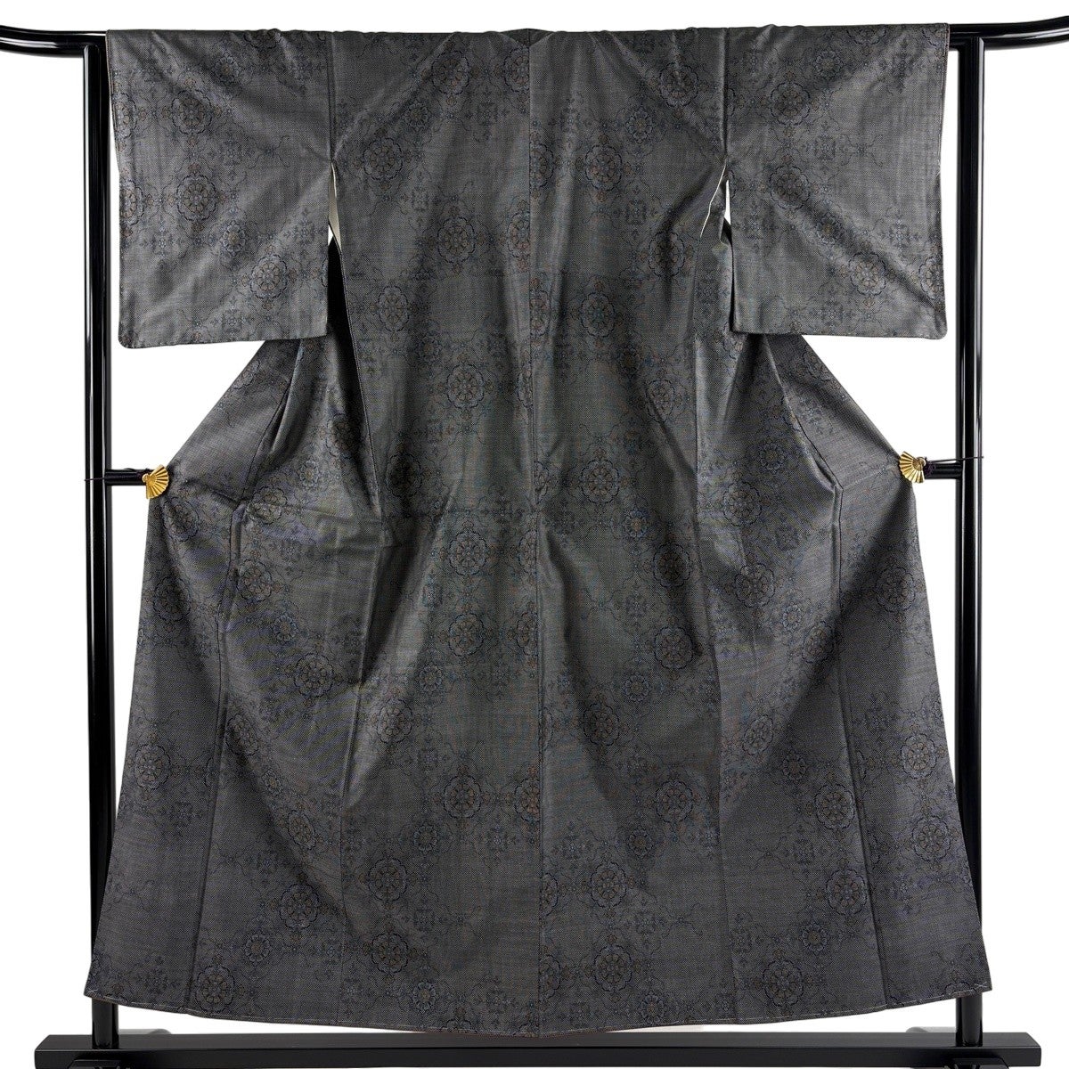 美品】 大島紬 身丈155cm 裄丈63cm S 袷 証紙あり 華文 灰色 正絹 秀品