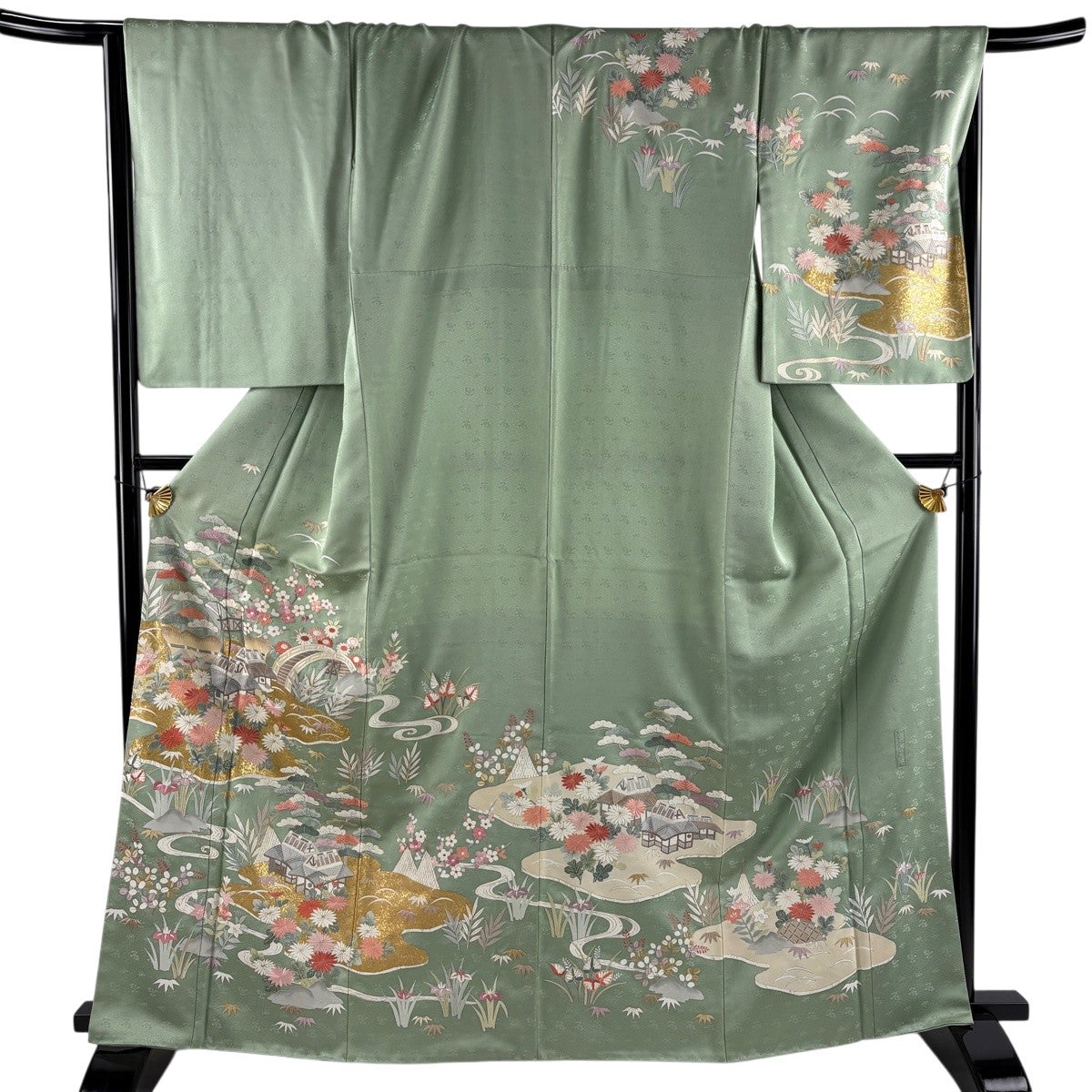 訪問着 身丈165cm 裄丈68.5cm L 袷 建物 菊 刺繍 金彩 薄緑 正絹 秀品
