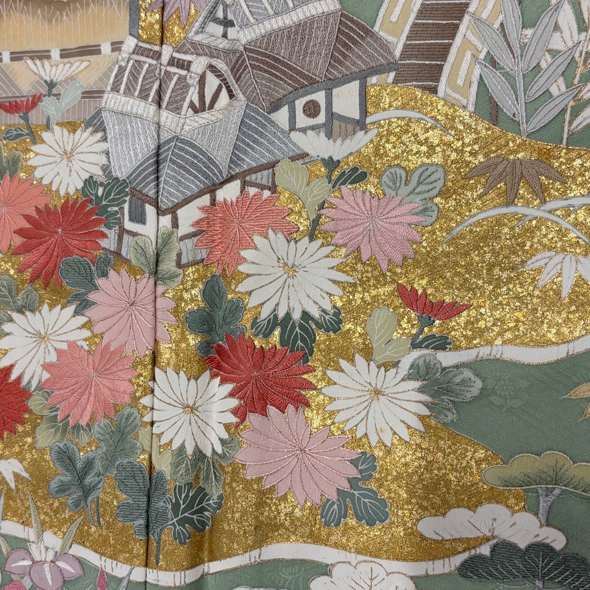 訪問着 身丈165cm 裄丈68.5cm L 袷 建物 菊 刺繍 金彩 薄緑 正絹 秀品