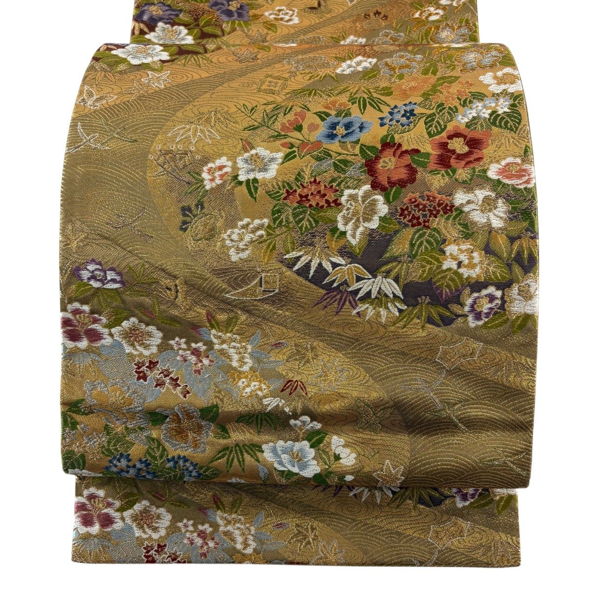 袋帯 秀品 鳳凰 花唐草 金糸 唐織 金色 六通 正絹｜中古・古着