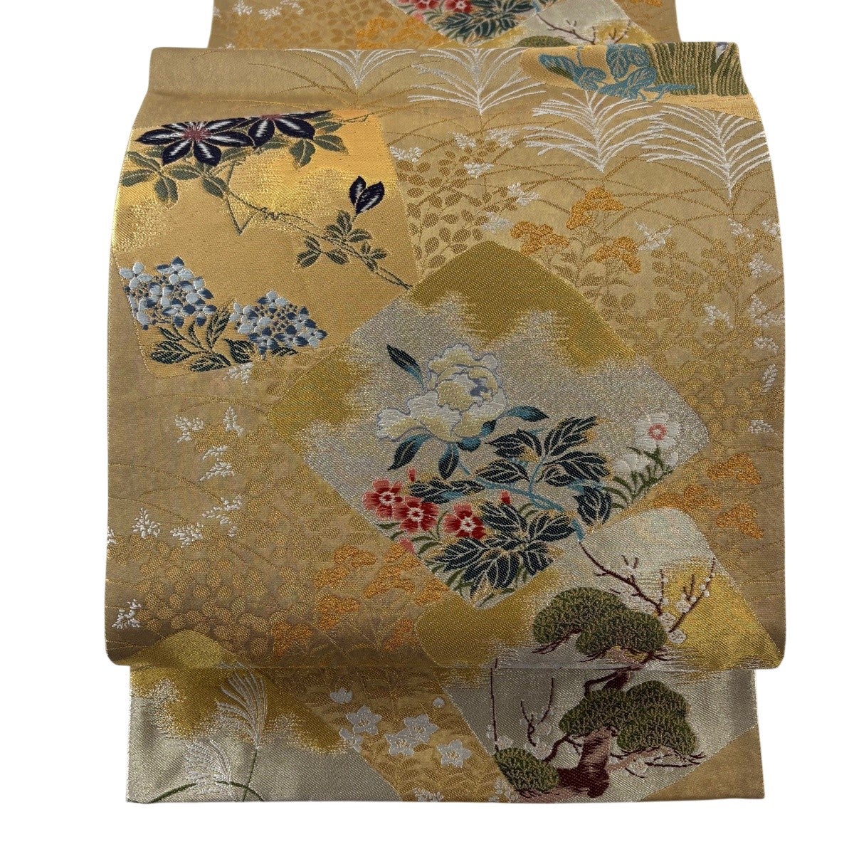 美品】 袋帯 秀品 花鳥 滝 金銀糸 箔 茶色 六通 正絹｜中古・古着