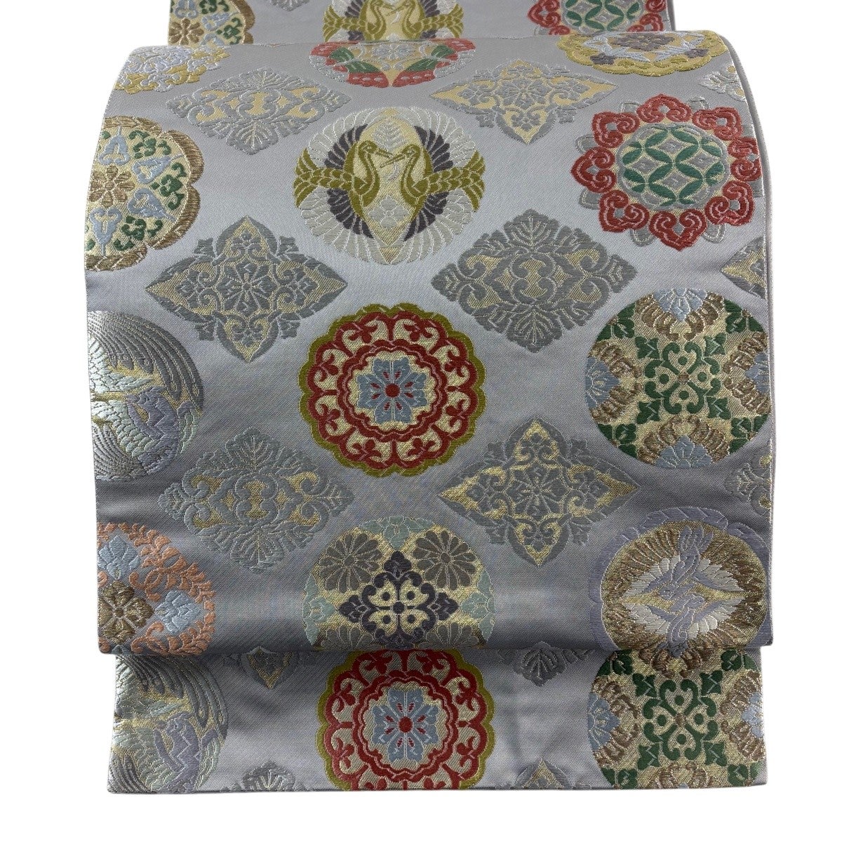 最終価格】 70%OFF 袋帯 名品 向かい鳥 華文 箔 唐織 茶紫 六通 正絹