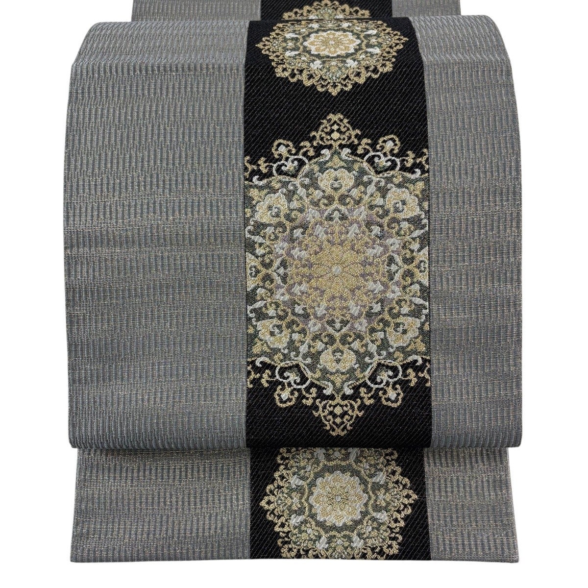 美品】 袋帯 秀品 華文 金糸 箔 灰色 六通 正絹｜中古・古着