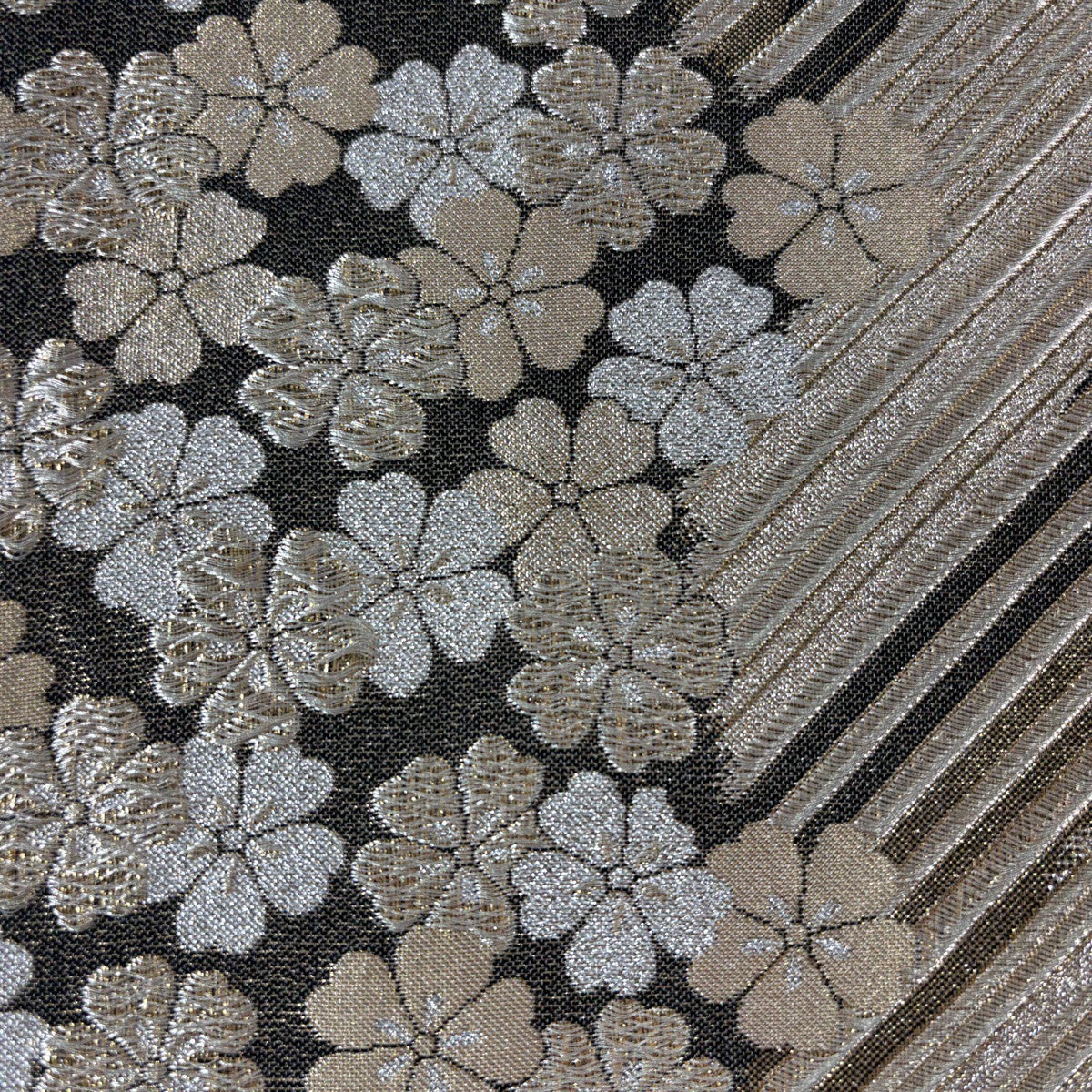 袋帯 秀品 花 斜縞 箔 銀糸 金色 全通 正絹｜中古・古着・リサイクル