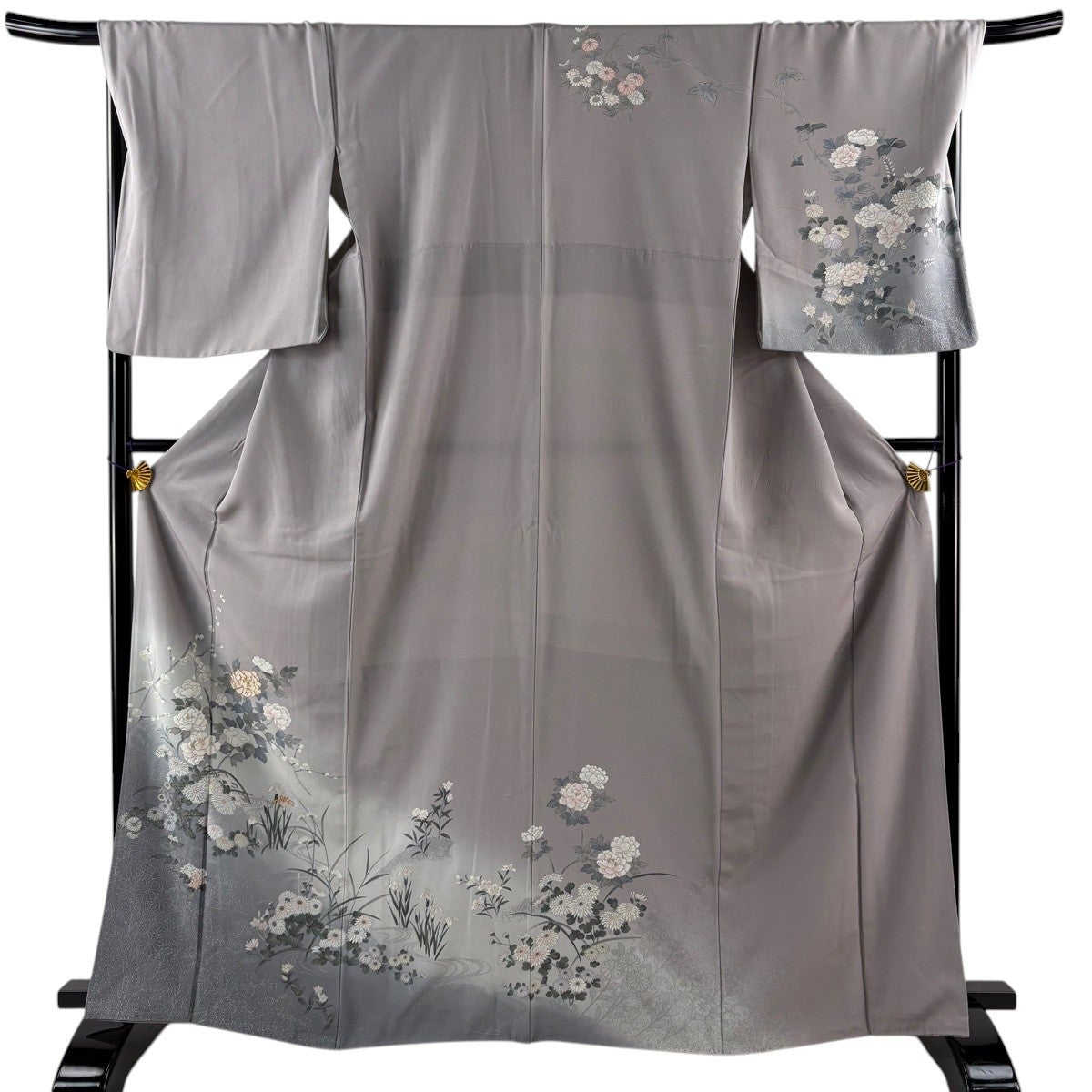 訪問着 身丈162.5cm 裄丈67.5cm L 袷 扇 桜 金糸 金彩 ピンクベージュ
