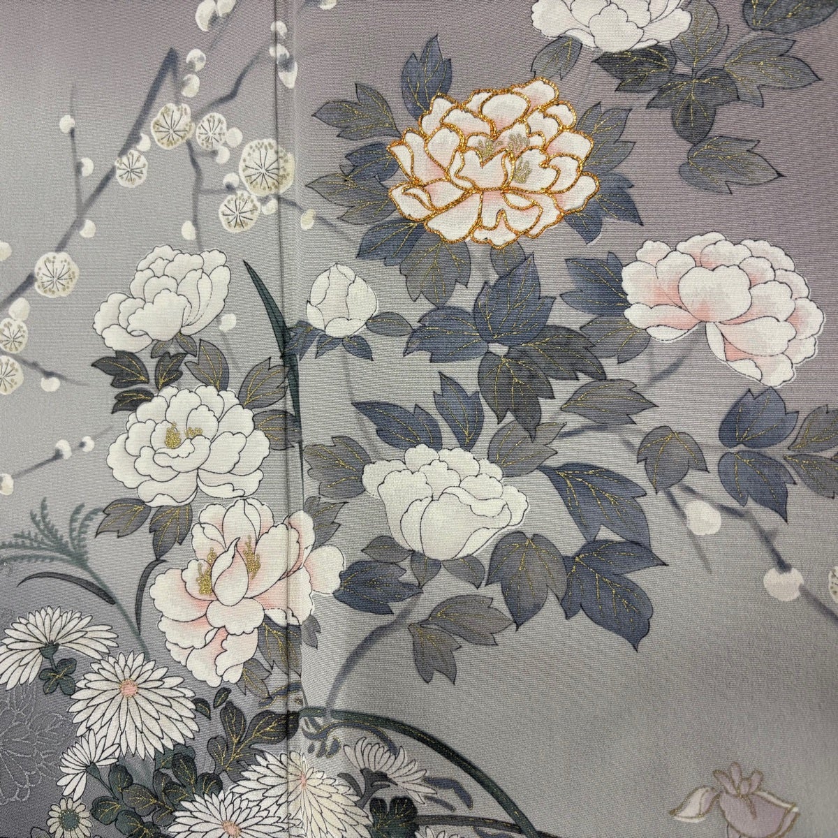 訪問着：美品：小菊とリボンと熨斗目：淡いグレー袷正絹：高身長：S-17 訪問着 身丈166cm 裄丈69.5cm L 袷 牡丹 菊 金糸 金銀彩 灰色 正絹 秀
