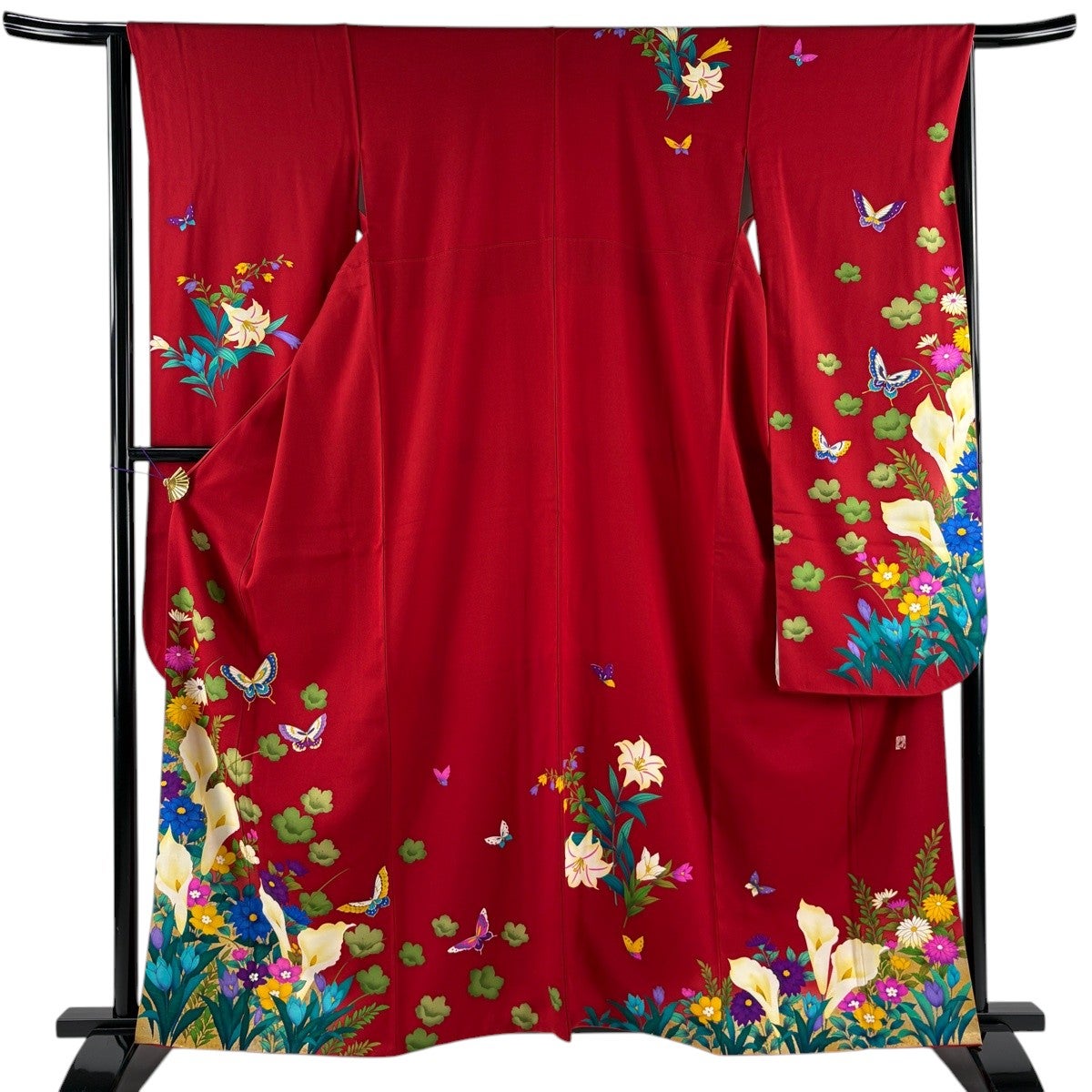振袖 身丈158.5cm 裄丈65cm M 袷 几帳 草花 刺繍 金糸 山吹色 正絹 秀