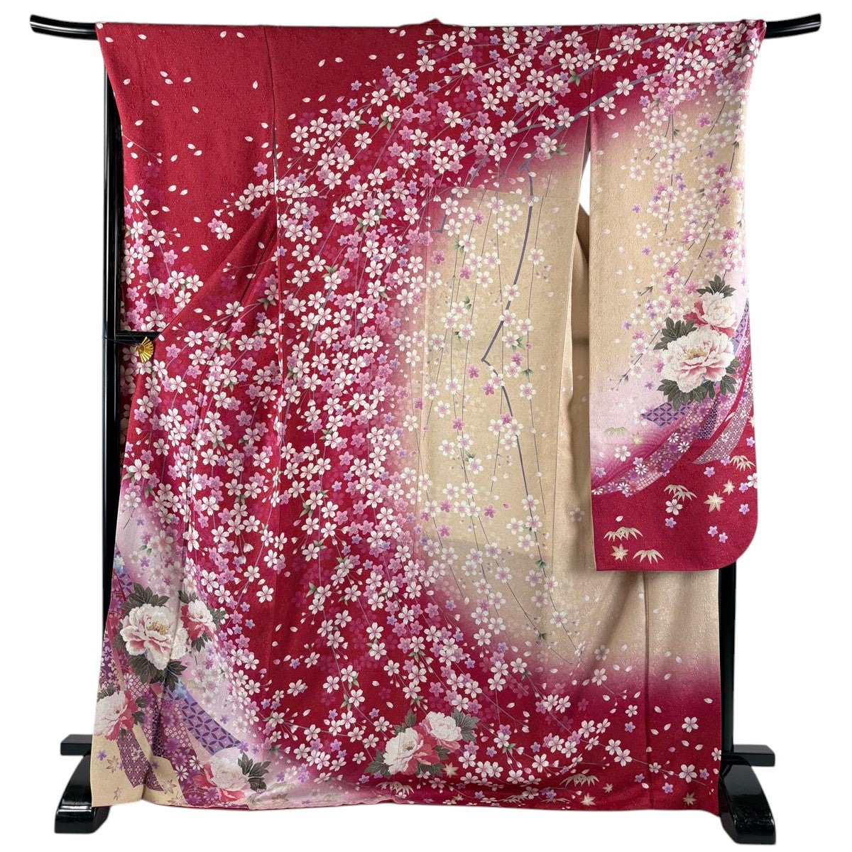 美品】 振袖 身丈171cm 裄丈69.5cm L 袷 枝垂れ桜 牡丹 金通し 箔 赤