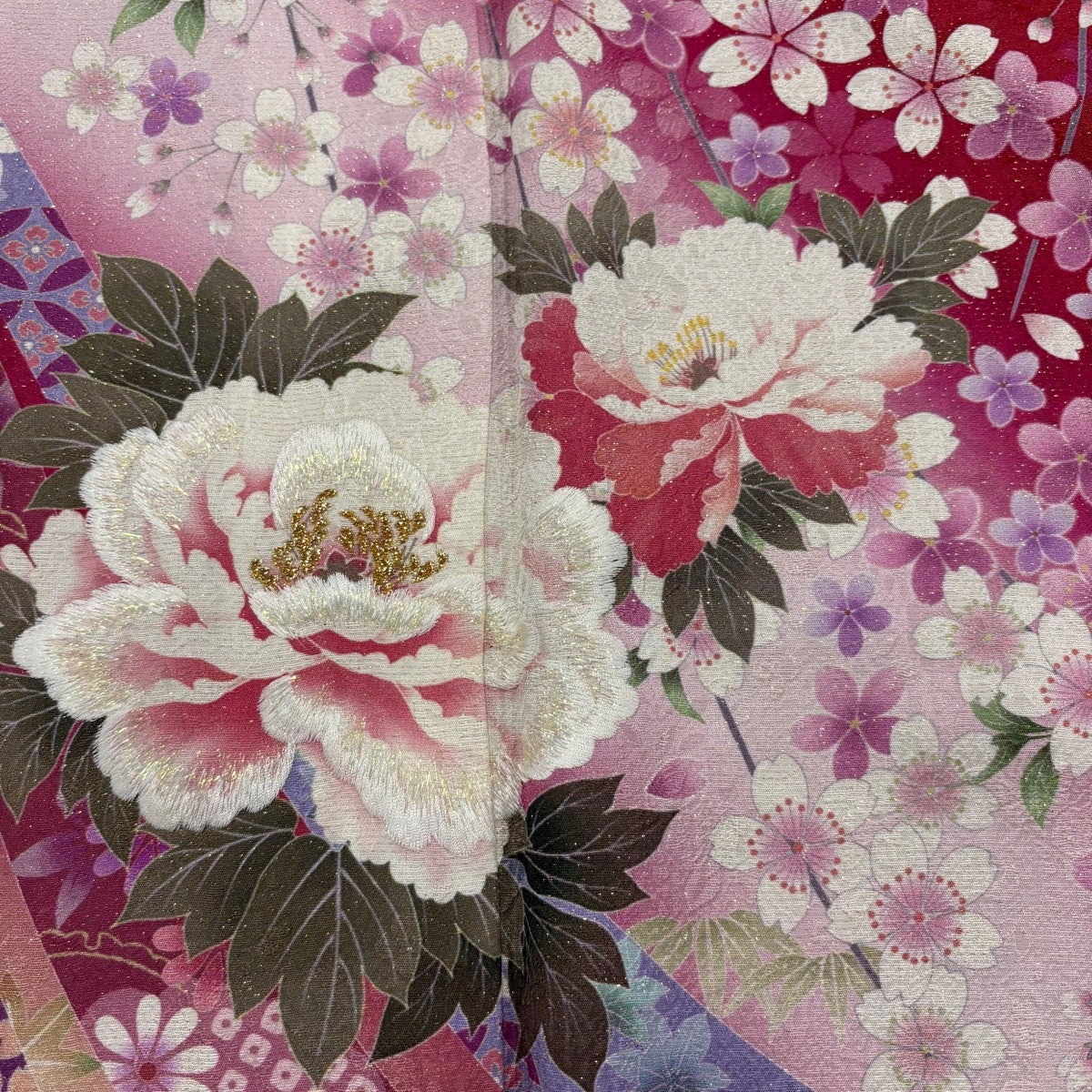 美品】 振袖 身丈171cm 裄丈69.5cm L 袷 枝垂れ桜 牡丹 金通し 箔 赤