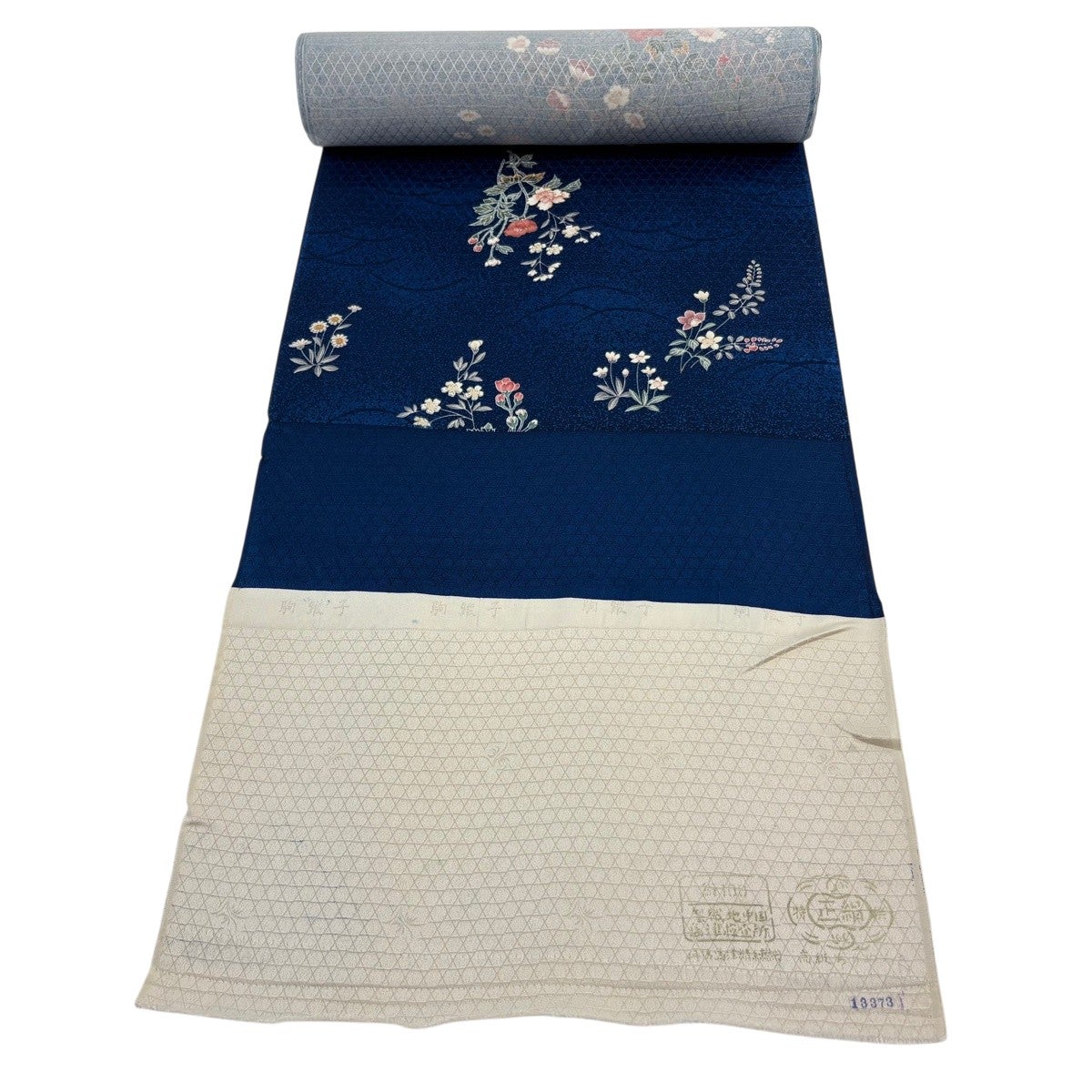 反物 秀品 小紋 草花 縞 金彩 紺色 正絹｜中古・古着・リサイクル着物