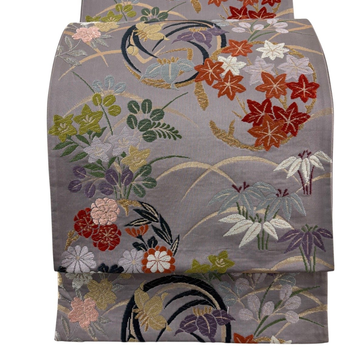 袋帯 秀品 花丸文 草花 金糸 唐織 灰紫 六通 正絹｜中古・古着