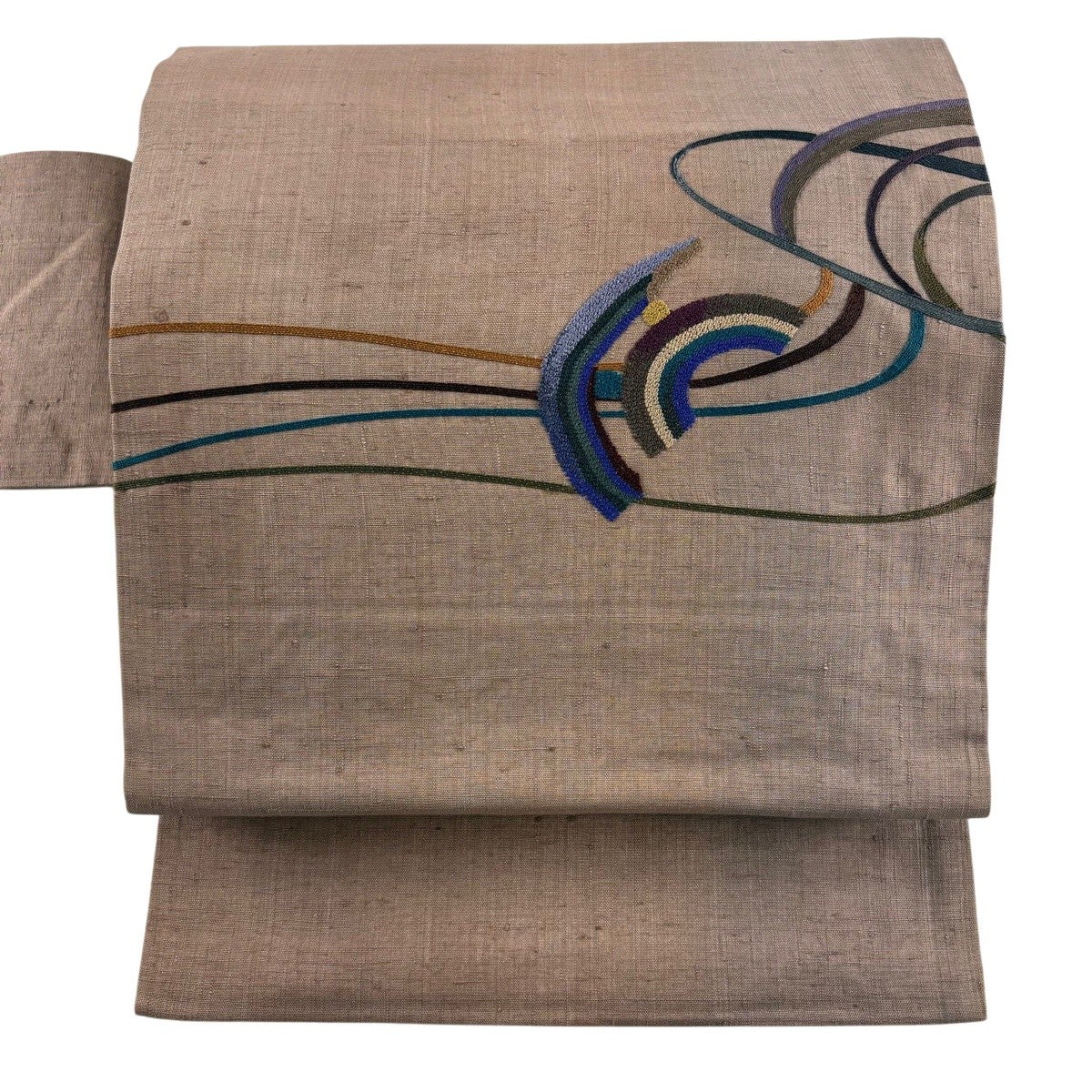 美品】 名古屋帯 秀品 紬地 流水 幾何学 刺繍 薄小豆 正絹｜中古・古着