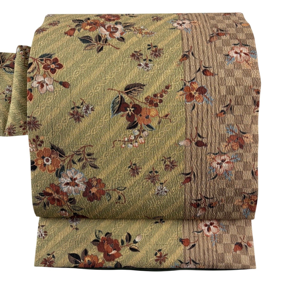名古屋帯 秀品 草花 市松 灰緑 正絹｜中古・古着・リサイクル着物通販