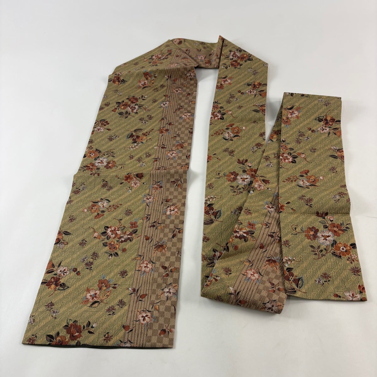 名古屋帯 秀品 草花 市松 灰緑 正絹｜中古・古着・リサイクル着物通販