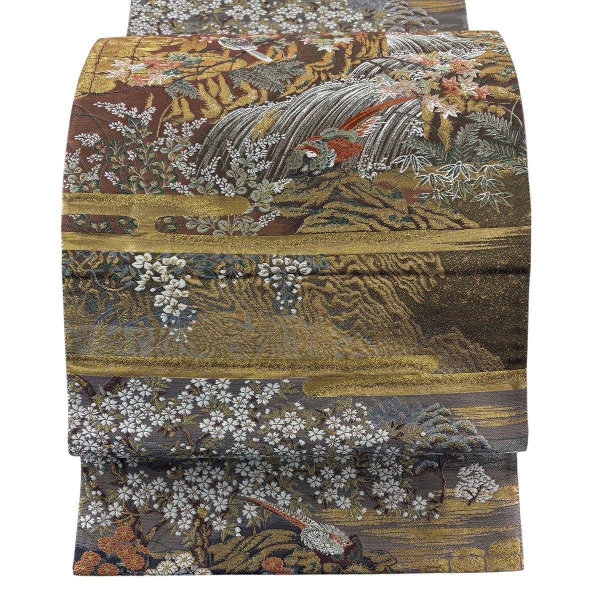 美品】 袋帯 秀品 花鳥 滝 金銀糸 箔 茶色 六通 正絹｜中古・古着