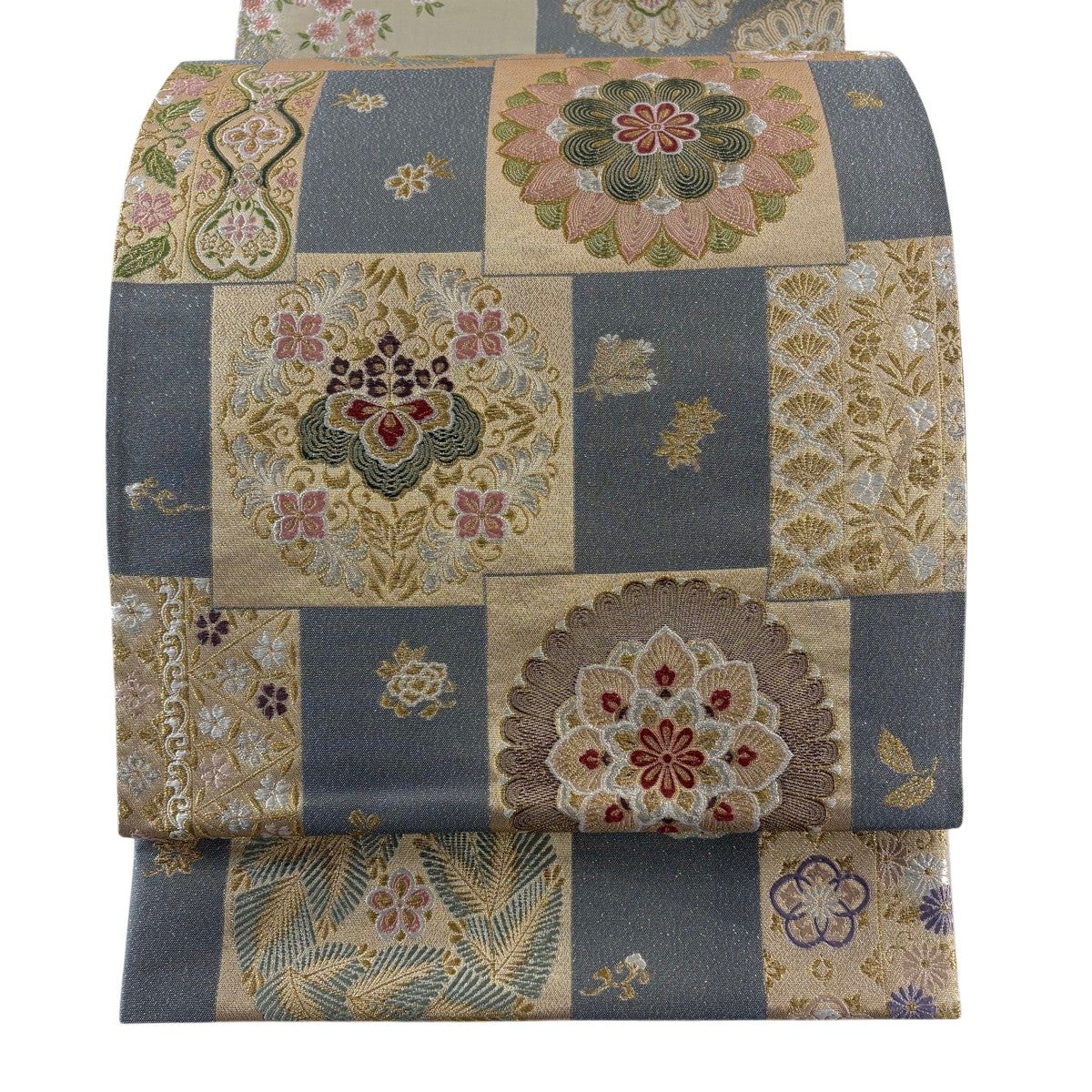 美品】 袋帯 秀品 華文 桐 金銀糸 刺繍 灰色 お太鼓柄 正絹｜中古