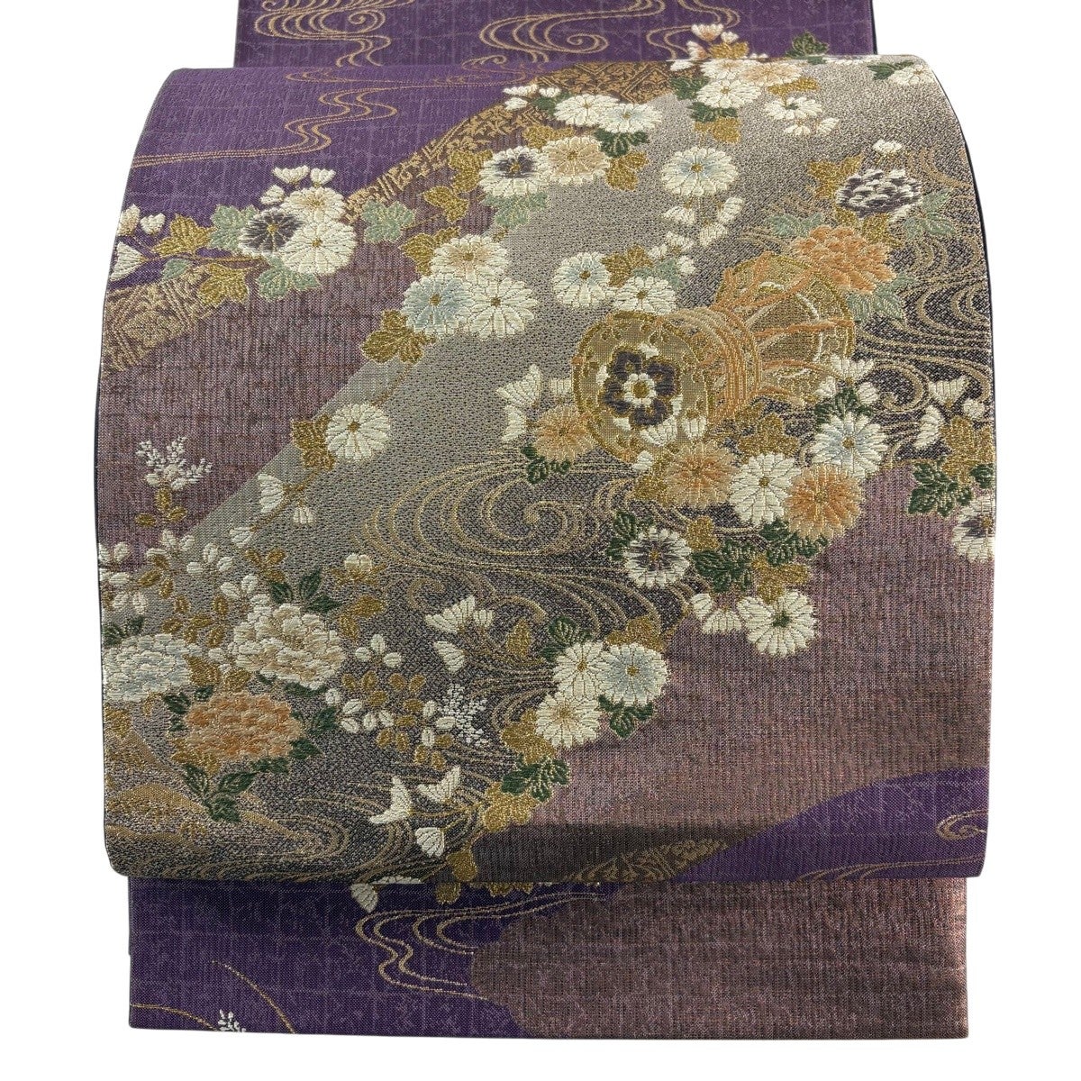 美品】 袋帯 秀品 やまと 鼓 菊 金糸 箔 紫 お太鼓柄 正絹｜中古・古着