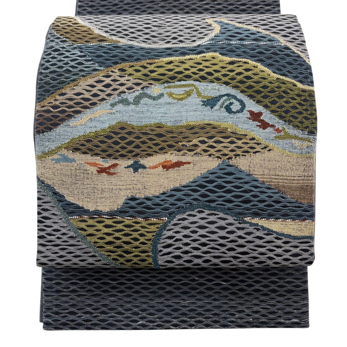 美品】 袋帯 秀品 波 幾何学 金銀糸 黒 お太鼓柄 正絹｜中古・古着