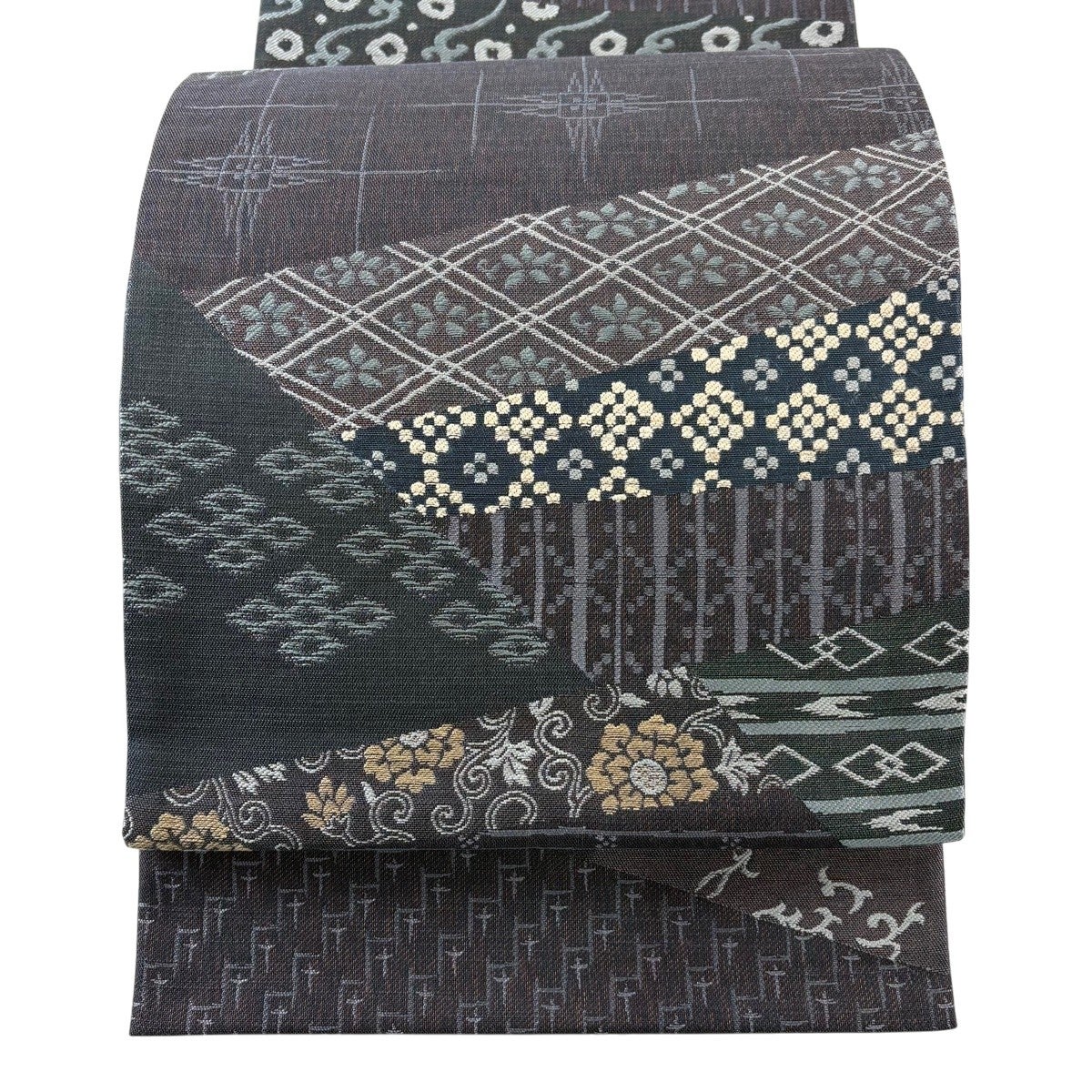 美品】 袋帯 秀品 花唐草 幾何学模様 箔 茶紫 全通 正絹｜中古・古着
