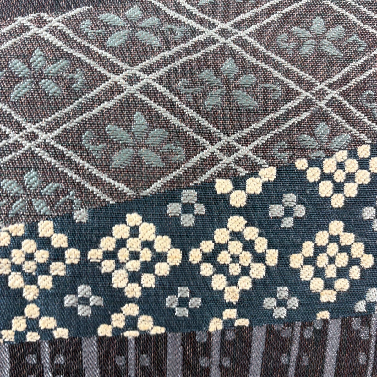 美品】 袋帯 秀品 花唐草 幾何学模様 箔 茶紫 全通 正絹｜中古・古着