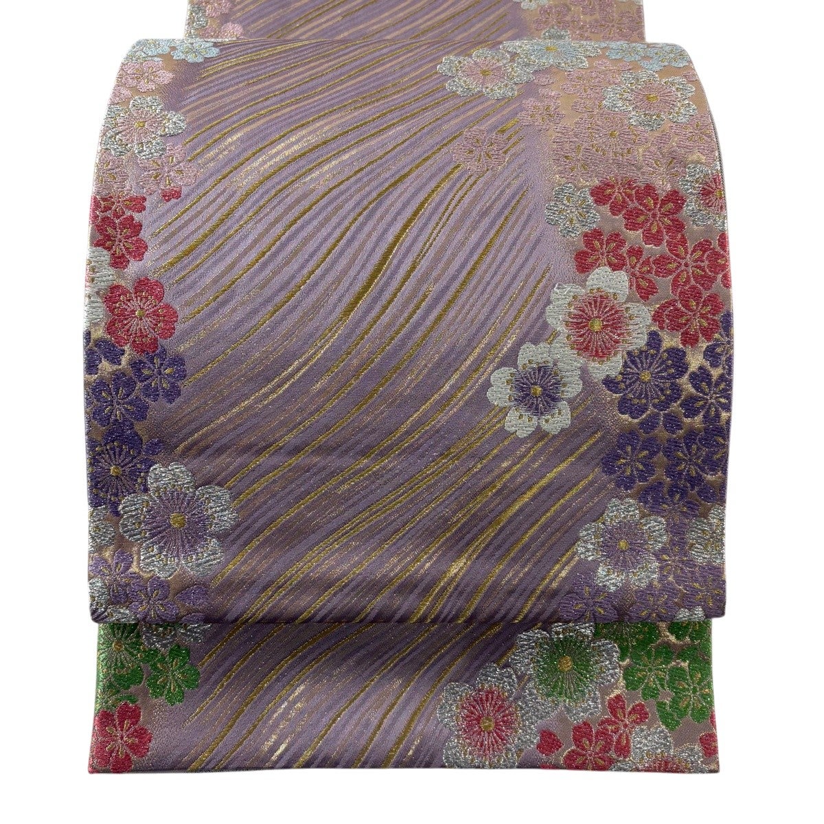 袋帯 秀品 桜 斜縞 金銀糸 唐織 薄紫 六通 正絹｜中古・古着