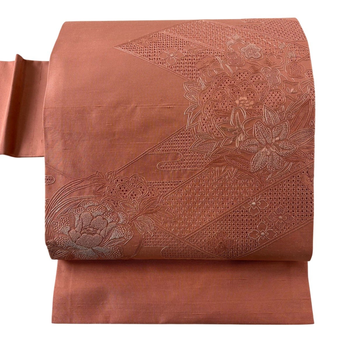 美品 正絹 高級袋帯 生成 紬地 汕頭刺繍 扇面花尽くし文様 美品】 名古屋帯 秀品 紬地 草花 霞 汕頭刺繍 サーモンピンク 正絹