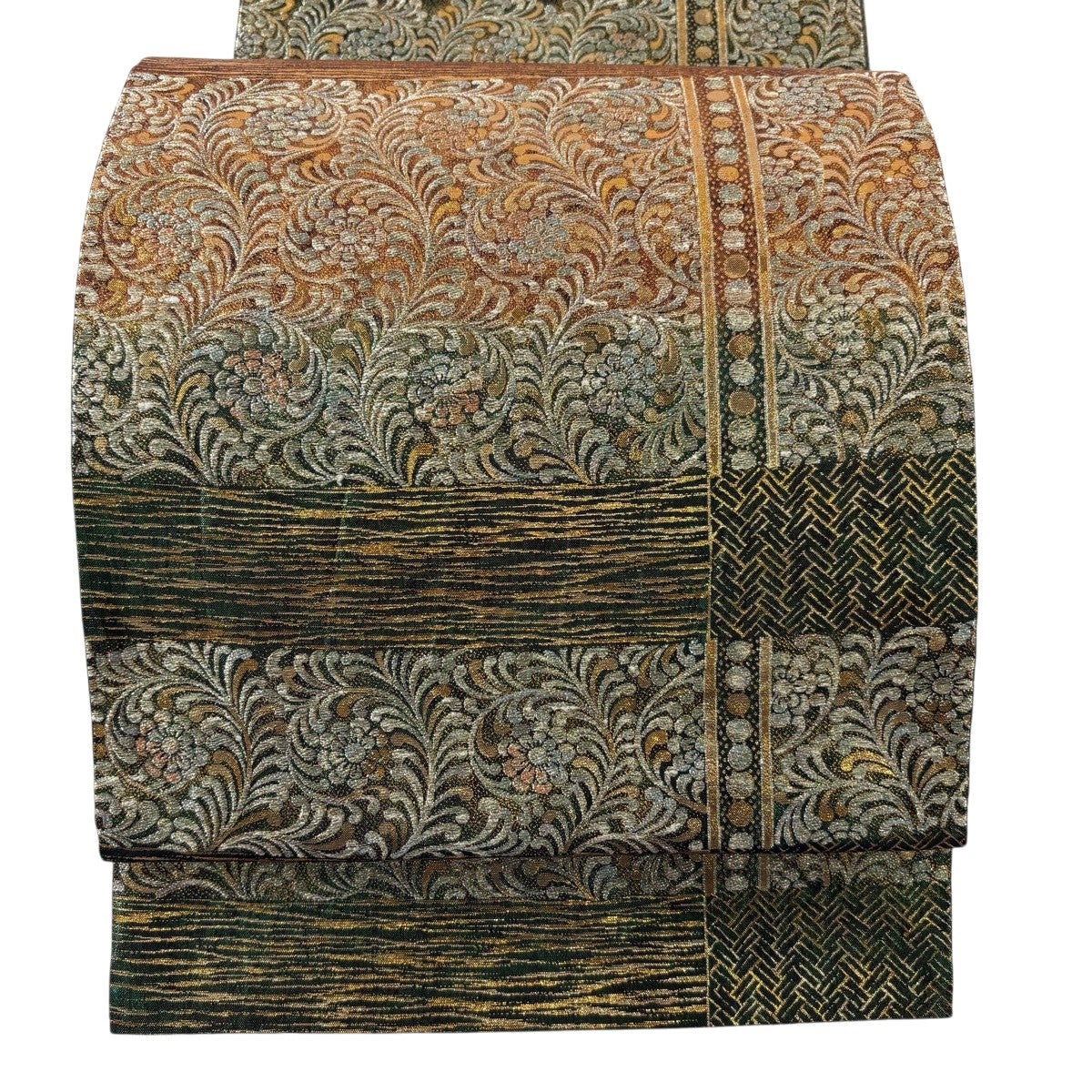A2 美品 茶入れに花々模様 金銀糸 正絹 六通 袋帯 フォーマル O34 美品】 袋帯 秀品 花唐草 縞 箔 銀糸 茶緑色 六通 正絹｜中古・古着