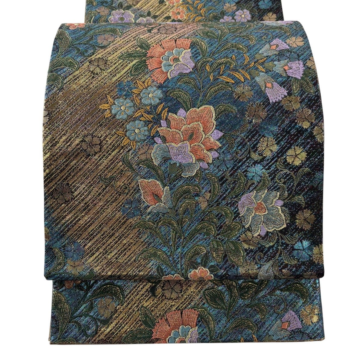 美品】 袋帯 秀品 花唐草 斜縞 箔 唐織 青緑 六通 正絹｜中古・古着