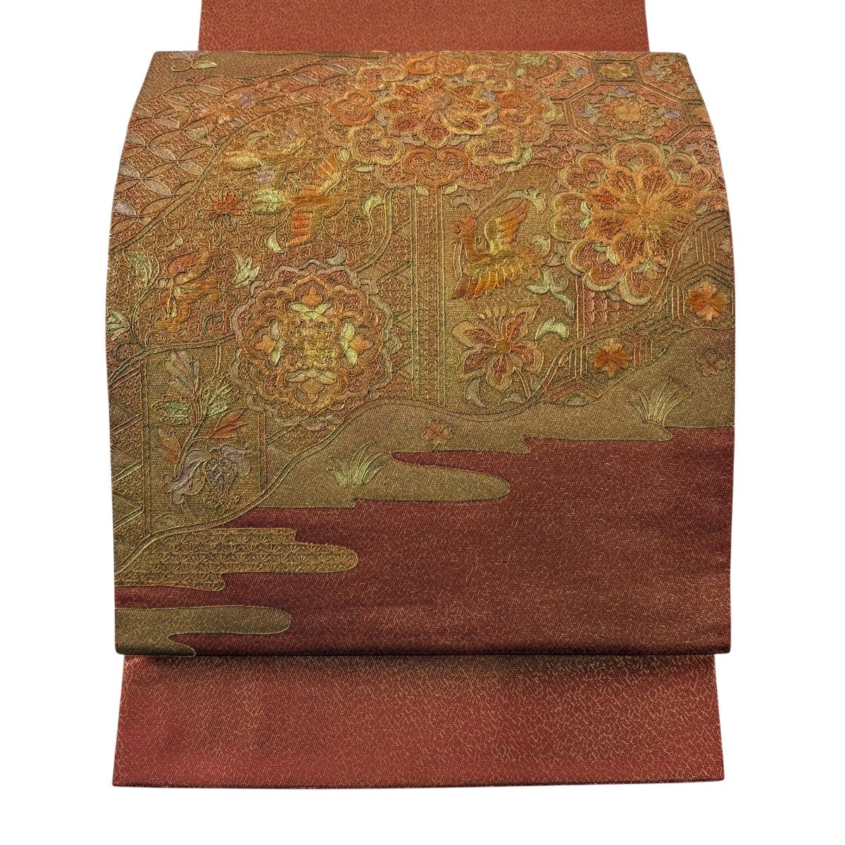 袋帯 秀品 華文 花鳥 刺繍 金糸 朱色 お太鼓柄 正絹｜中古・古着