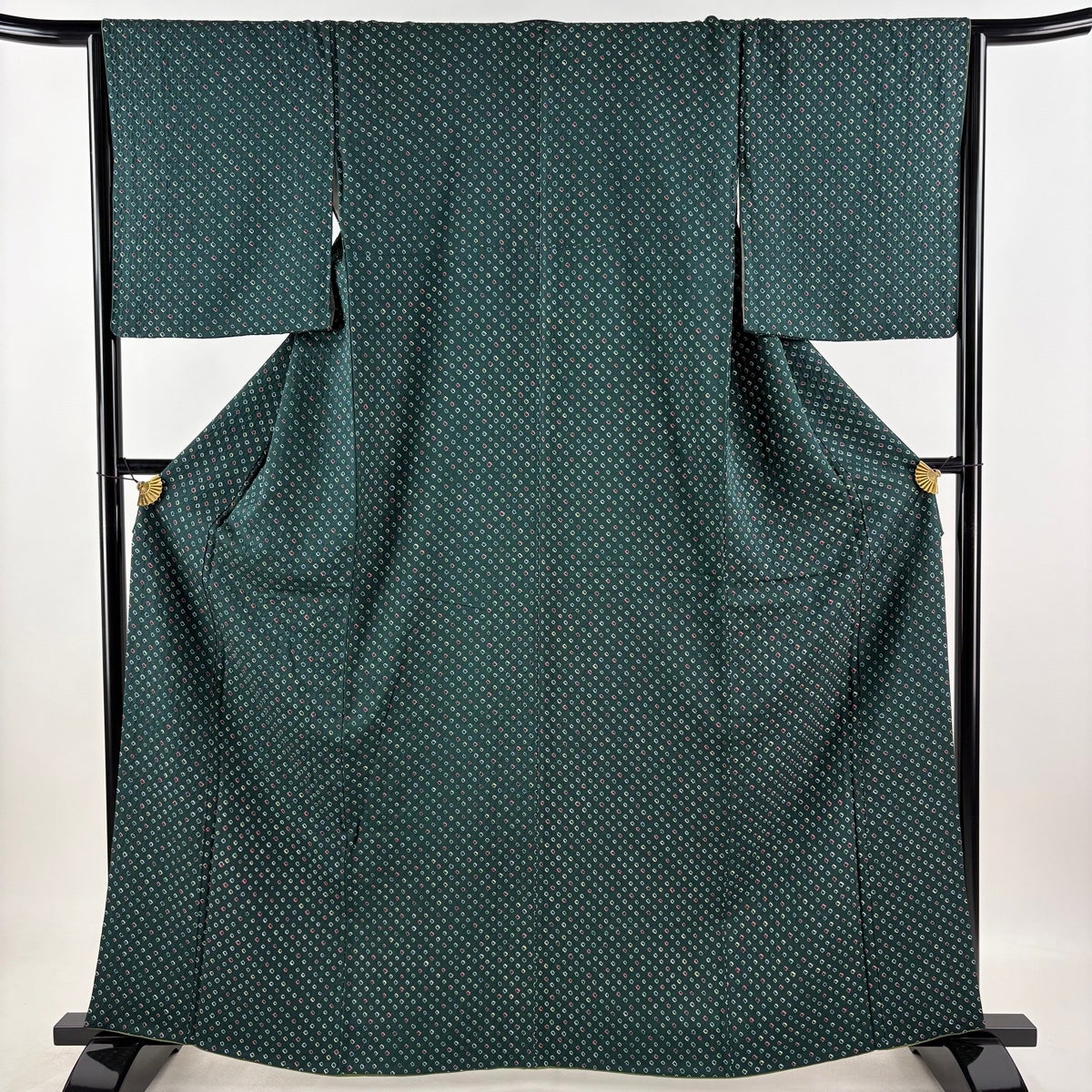 美品】 小紋 身丈163.5cm 裄丈65cm M 袷 名古屋帯セット 絞り 深緑