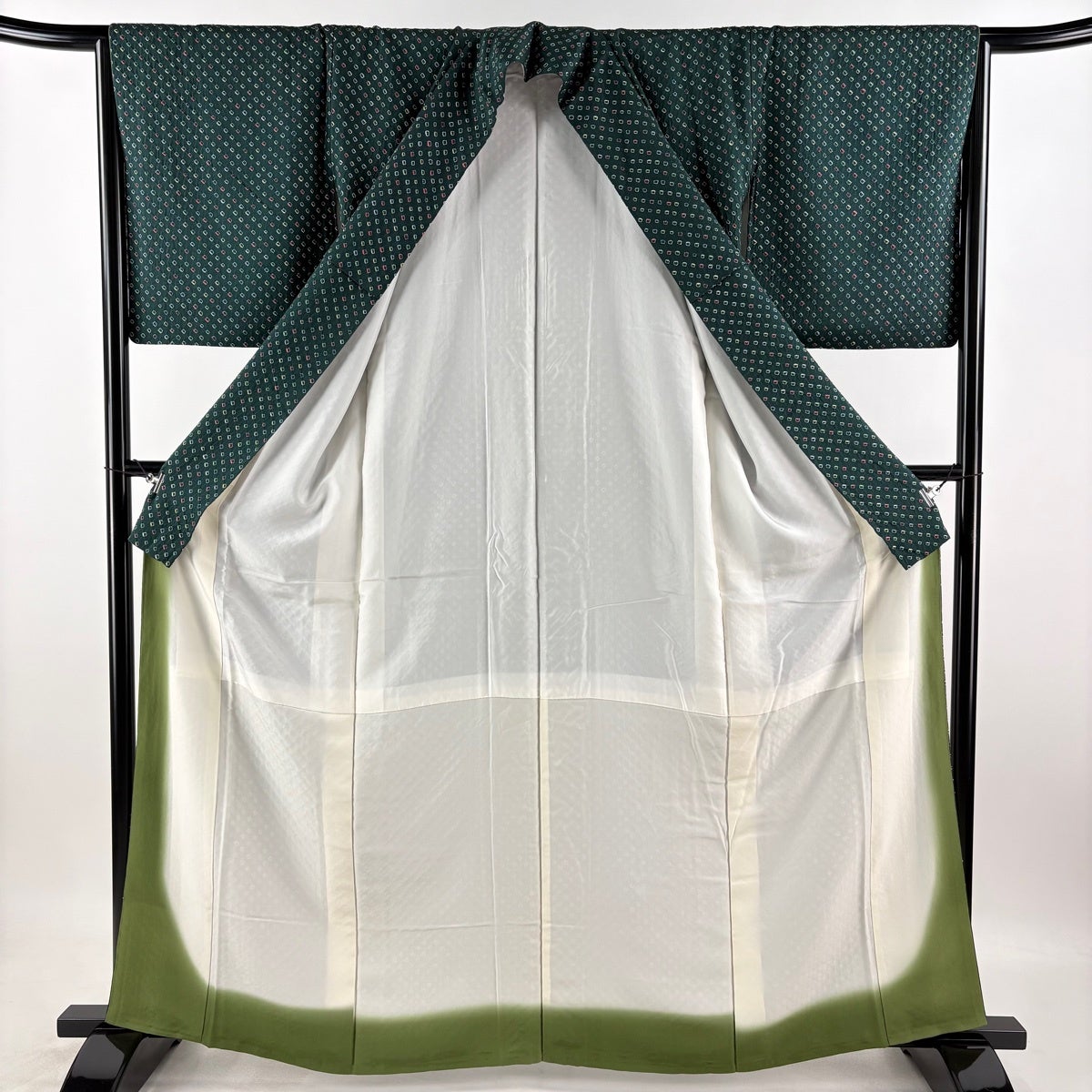 美品】 小紋 身丈163.5cm 裄丈65cm M 袷 名古屋帯セット 絞り 深緑