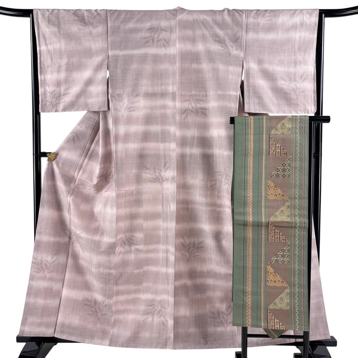 美品】 紬 身丈161.5cm 裄丈65cm M 袷 名古屋帯セット 葉柄 亀甲絣