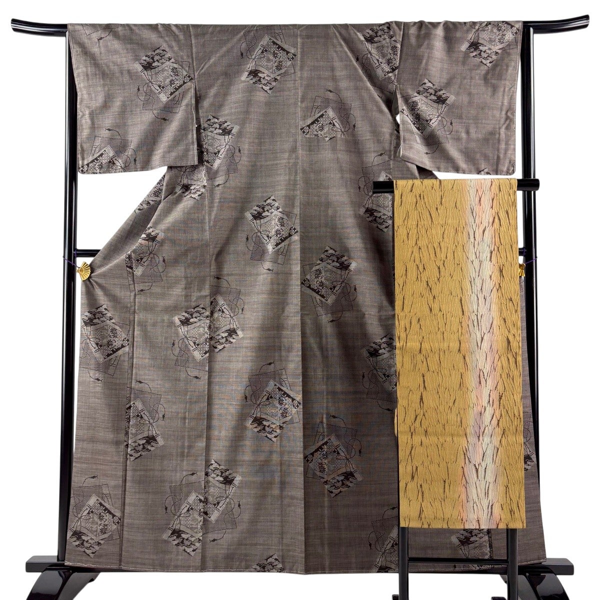 美品】 大島紬 身丈162cm 裄丈65cm M 袷 名古屋帯セット 証紙あり 草花