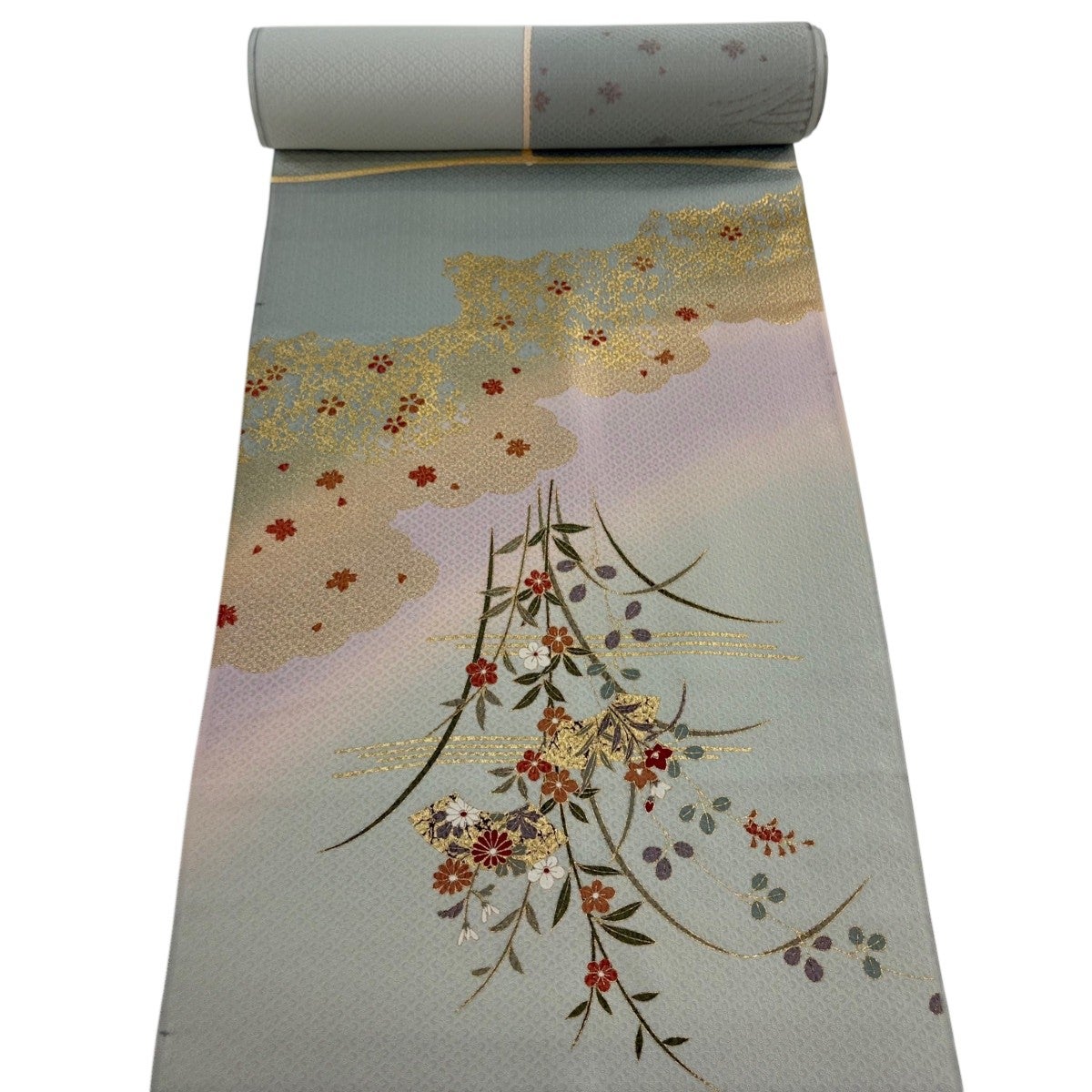 反物 秀品 付下げ 草花 花筏 金彩 ぼかし 薄緑 正絹｜中古・古着