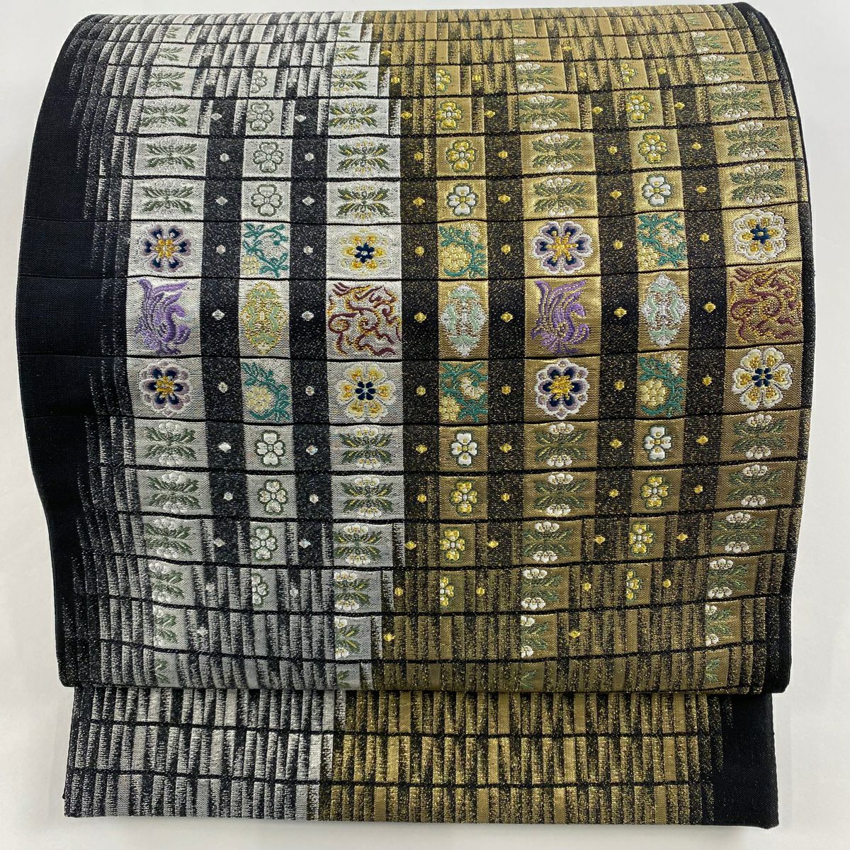 在庫一掃】 袋帯 美品 名品 縞 花鳥 箔 金銀糸 金色 六通 正絹｜中古