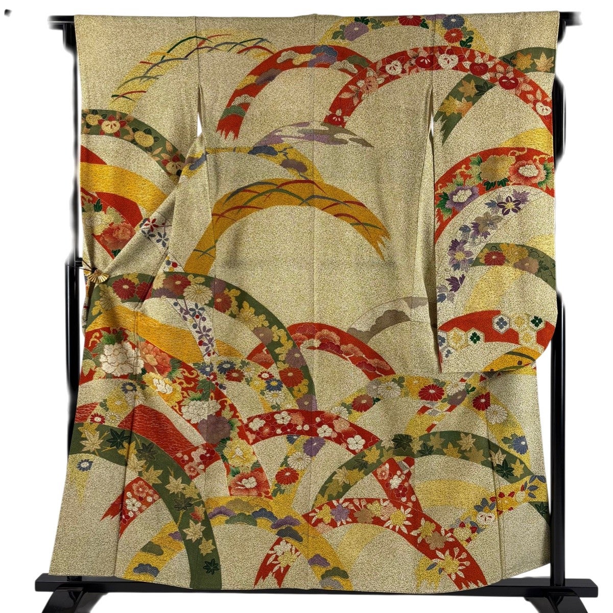 振袖 袷 身丈161cm 正絹 M 御所車 金糸 刺繍 牡丹 金彩 濃ピンク 裄丈
