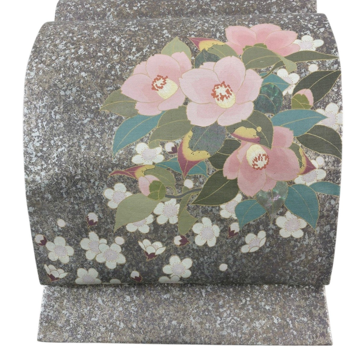 50%OFF 【美品】 袋帯 秀品 草花 松 螺鈿箔 箔 灰緑 お太鼓柄 正絹 K50