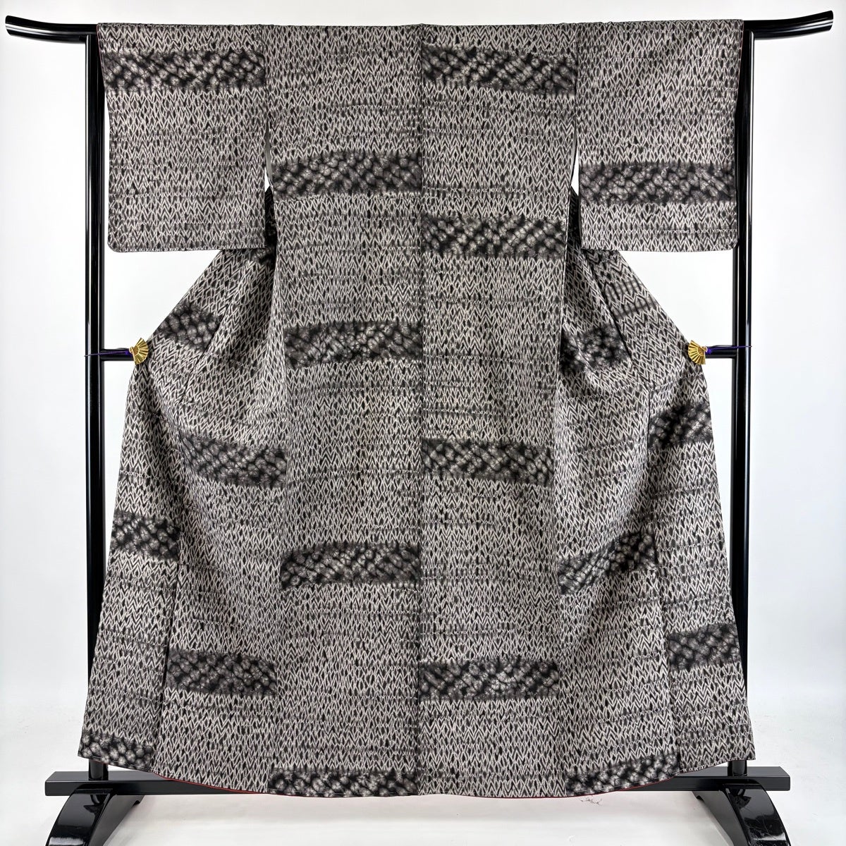 美品】 小紋 身丈159cm 裄丈63cm S 袷 袋帯セット 紬地 段縞 幾何学