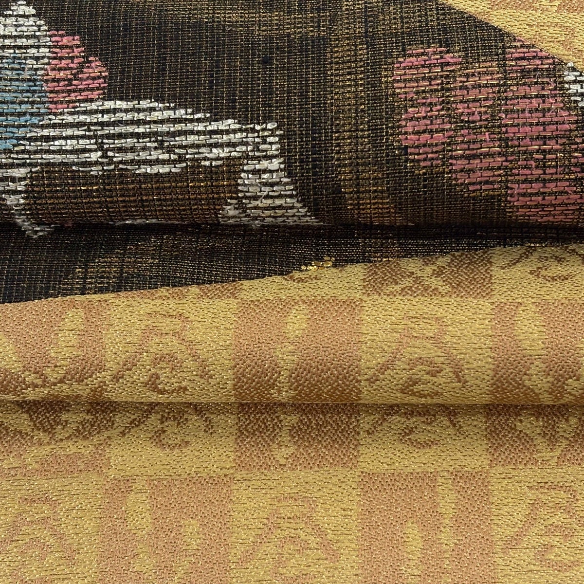名古屋帯 逸品 華文 葡萄唐草 金糸 箔 黄土色 正絹｜中古・古着