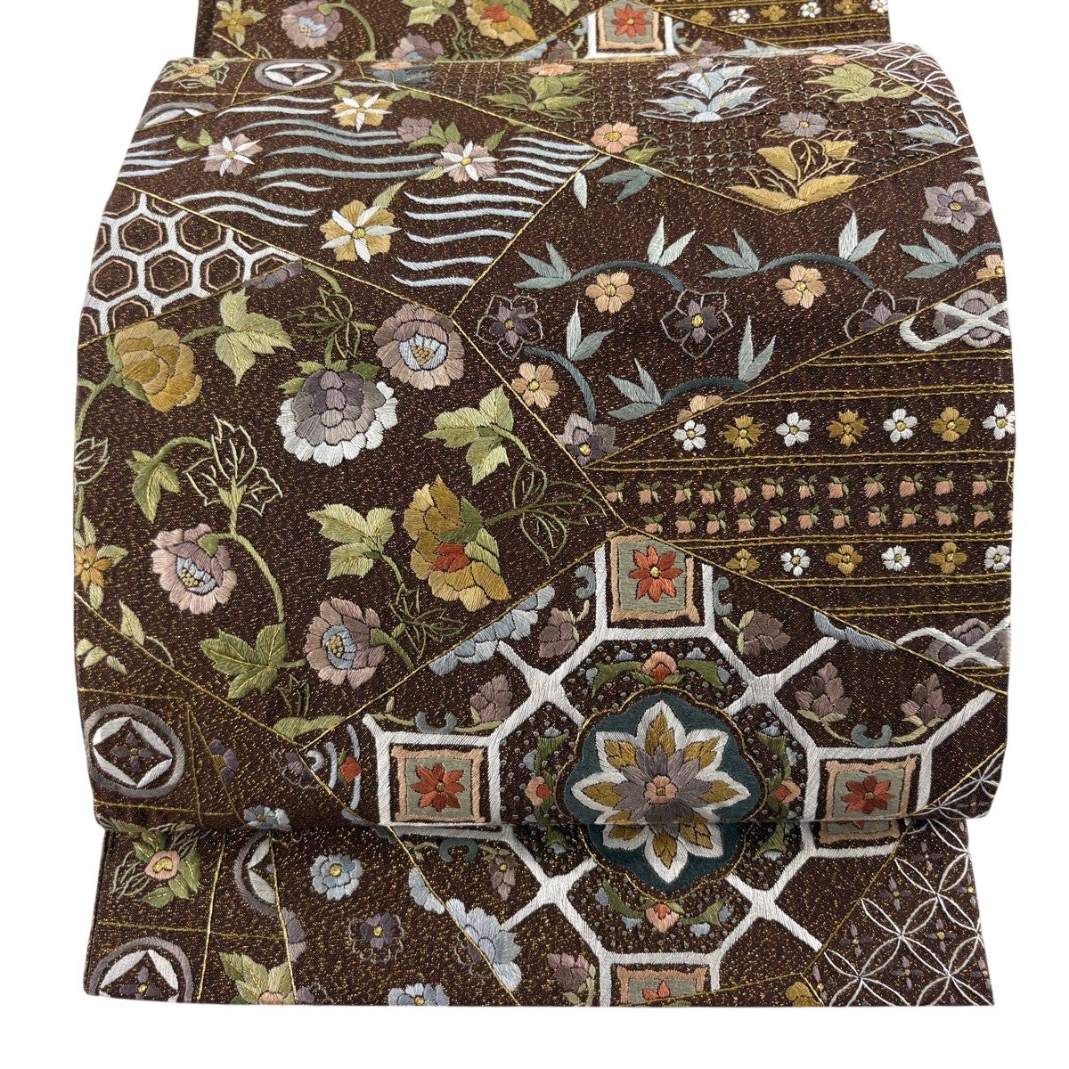 G4⭐️美品　正絹　総刺繍　袋帯　6通柄　金通　逸品 美品】 袋帯 逸品 華文 花鳥 相良刺繍 金糸 茶色 六通 正絹｜中古