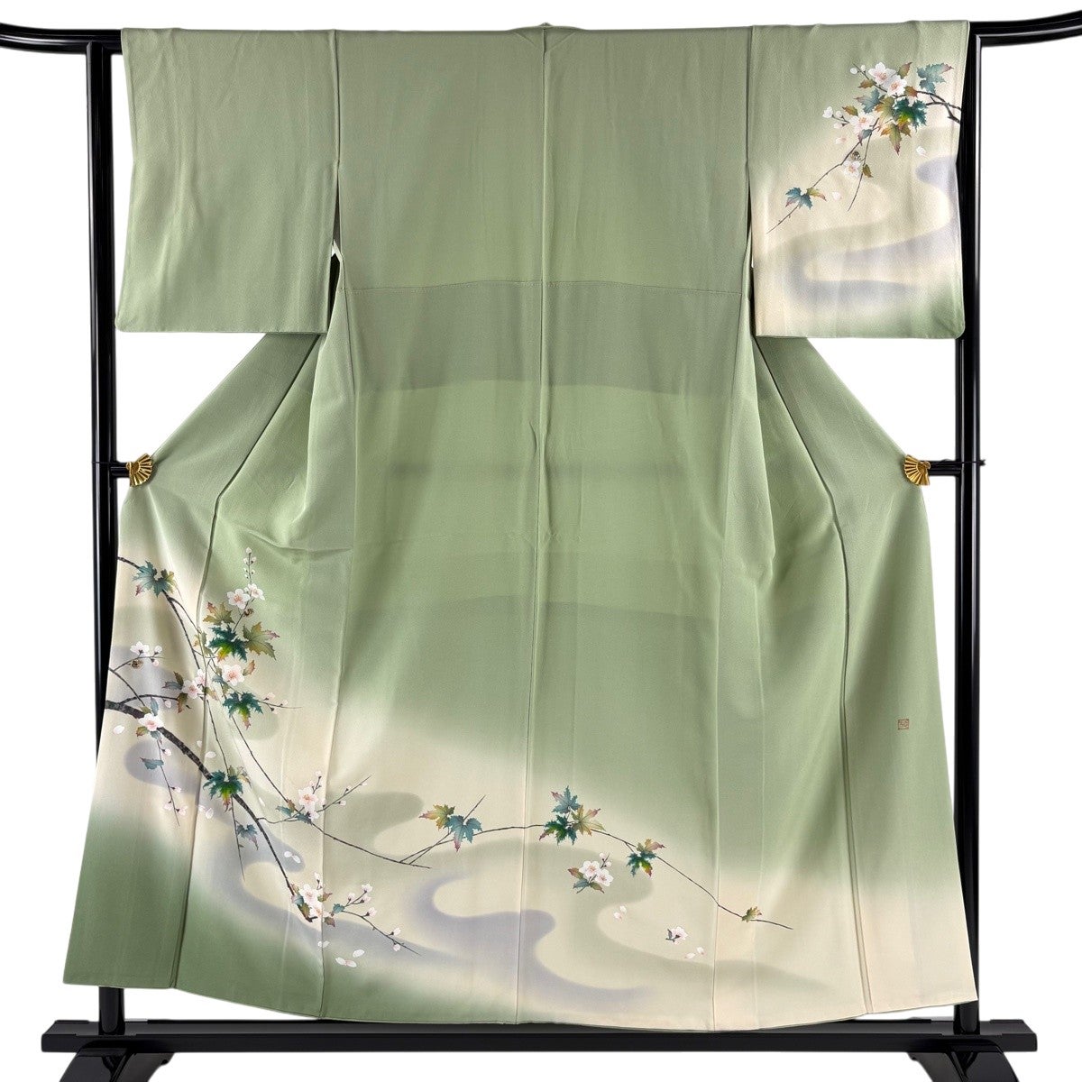 訪問着 身丈154cm 裄丈63cm S 袷 落款あり 桜 霞 金彩 螺鈿 抹茶色