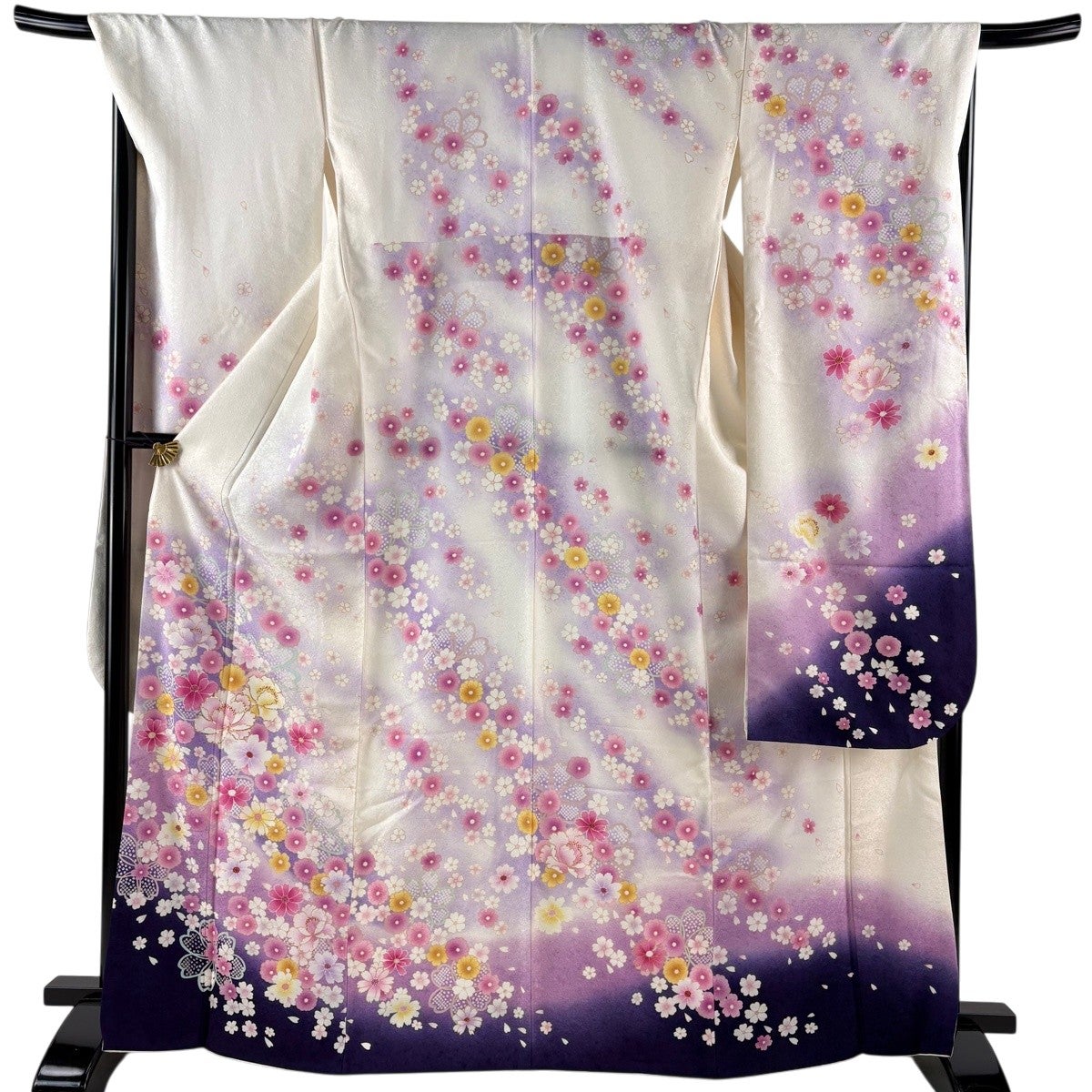 美品】 振袖 身丈168cm 裄丈69.5cm L 袷 草花 花びら 箔 金彩 白 正絹