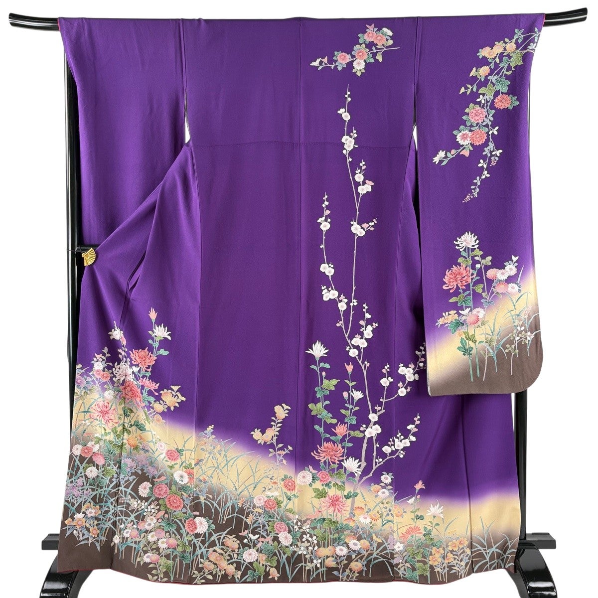 振袖 身丈168.5cm 裄丈68.5cm L 袷 菊 萩 染め分け ぼかし 濃紫 正絹