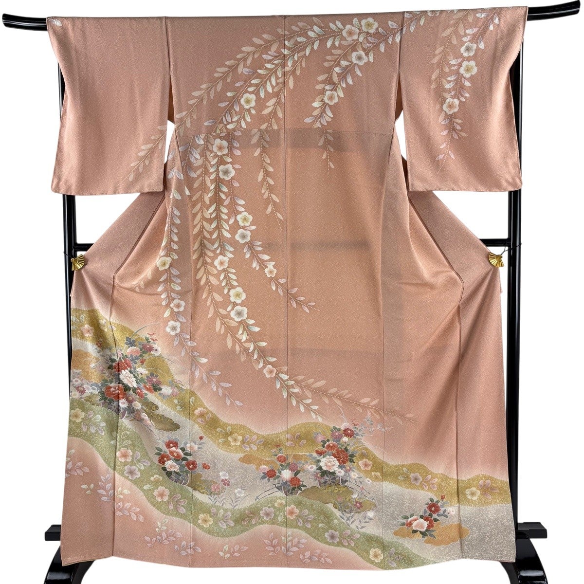 訪問着 身丈168cm 裄丈67.5cm L 袷 花車 桜 金銀彩 絞り 薄ピンク 正絹
