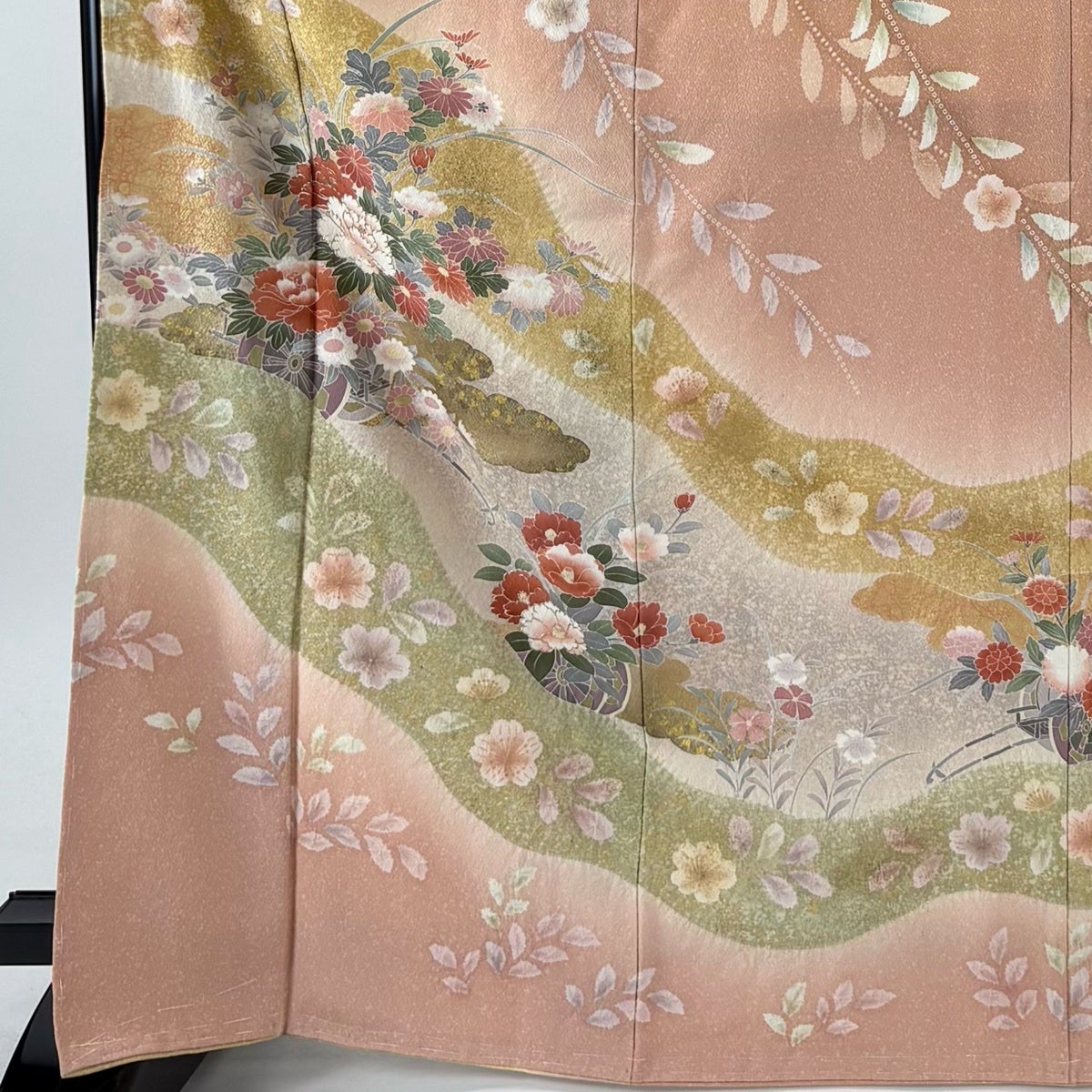 訪問着 身丈168cm 裄丈67.5cm L 袷 花車 桜 金銀彩 絞り 薄ピンク 正絹